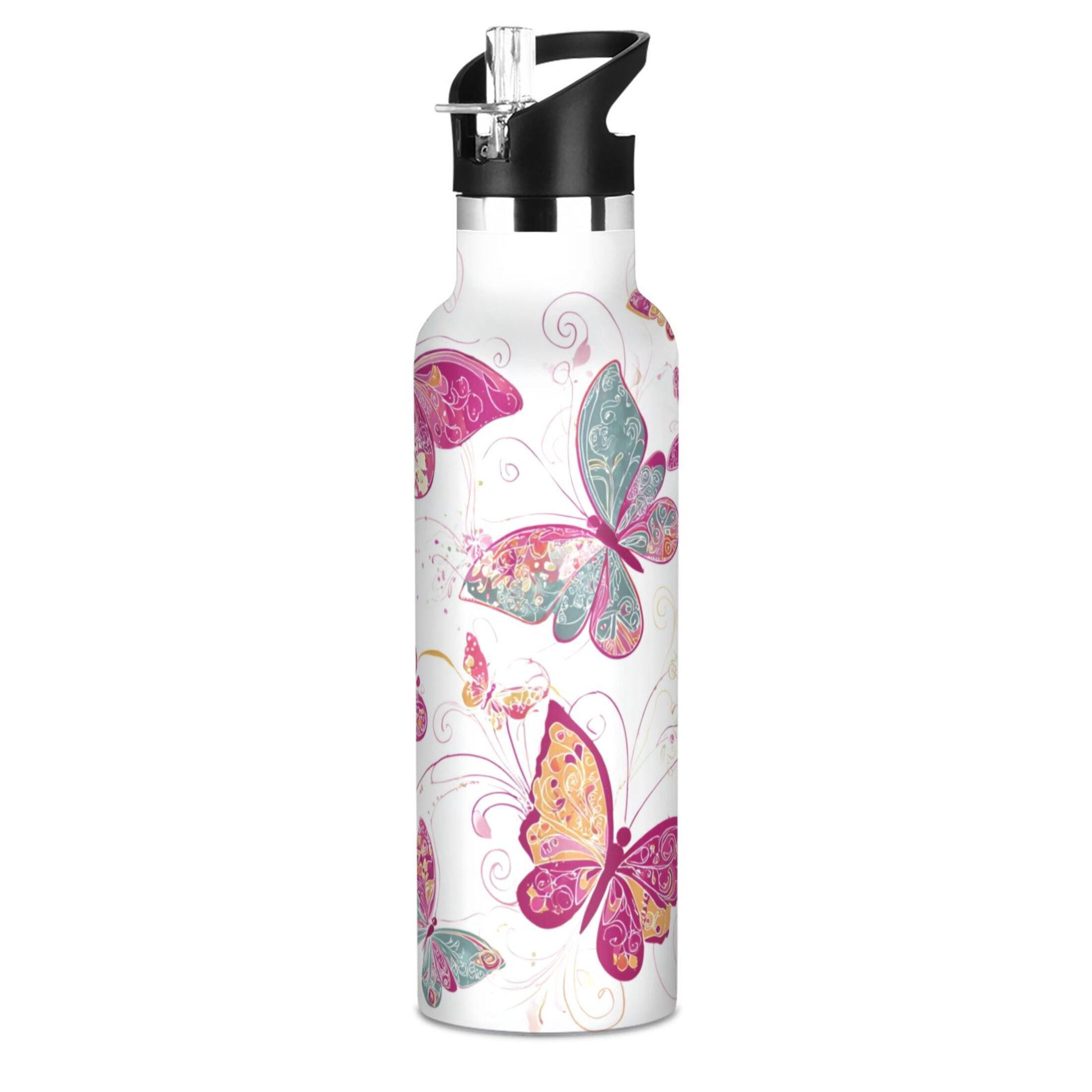 Kids Insulated Stainless Steel Sports Water Bottle 600ml (20oz) Colorful Butterflies