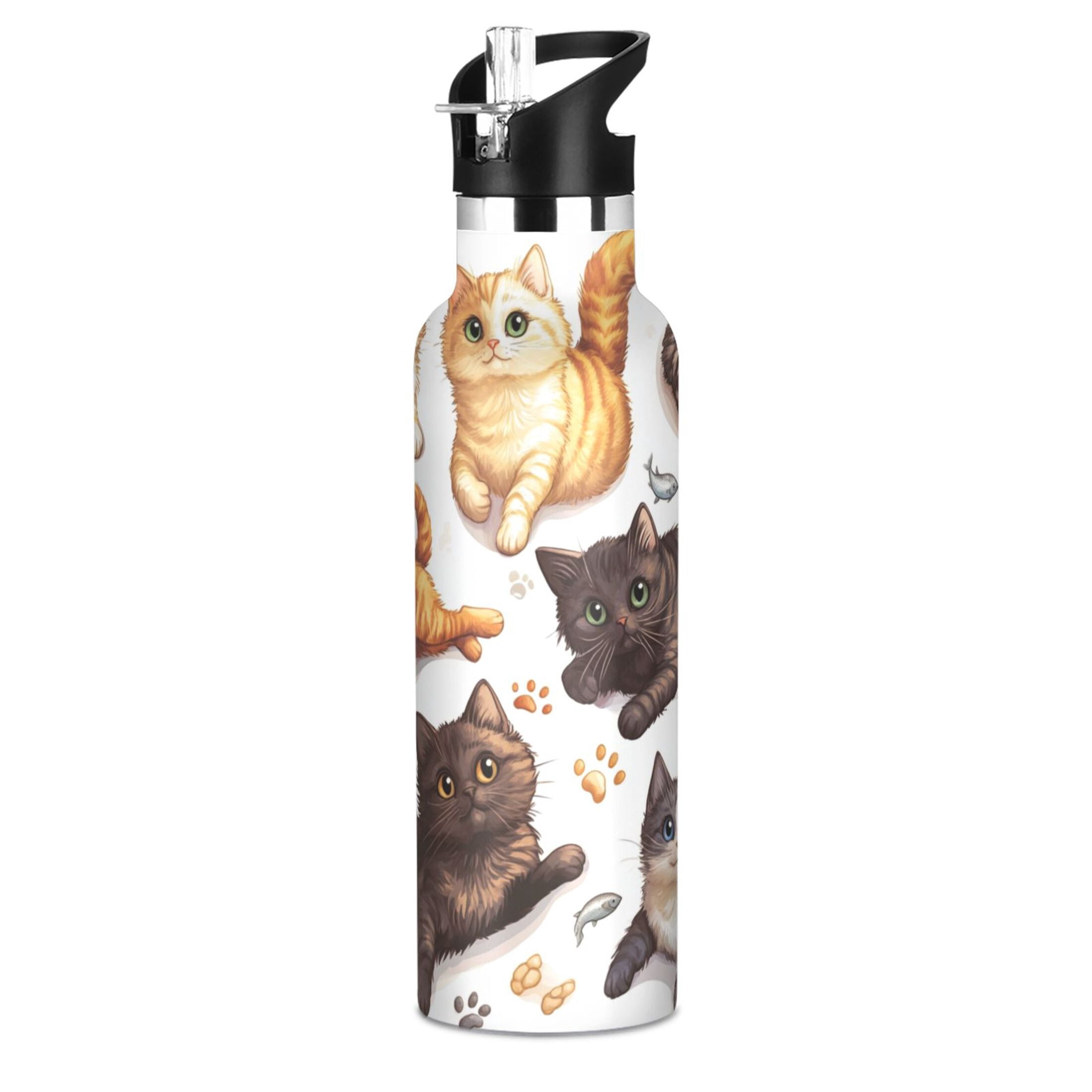Kids Insulated Stainless Steel Sports Water Bottle 600ml (20oz) Colorful Cartoon Cats