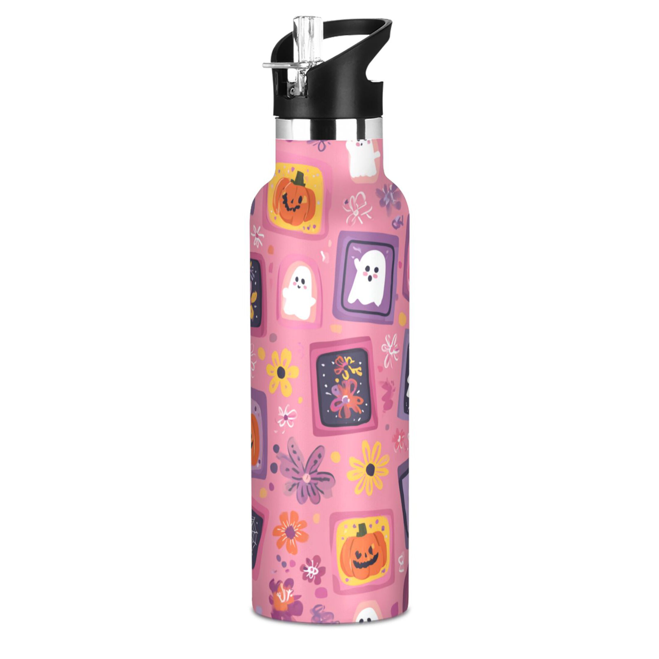 Kids Insulated Stainless Steel Sports Water Bottle 600ml (20oz) Colorful Cartoon Halloween Icons