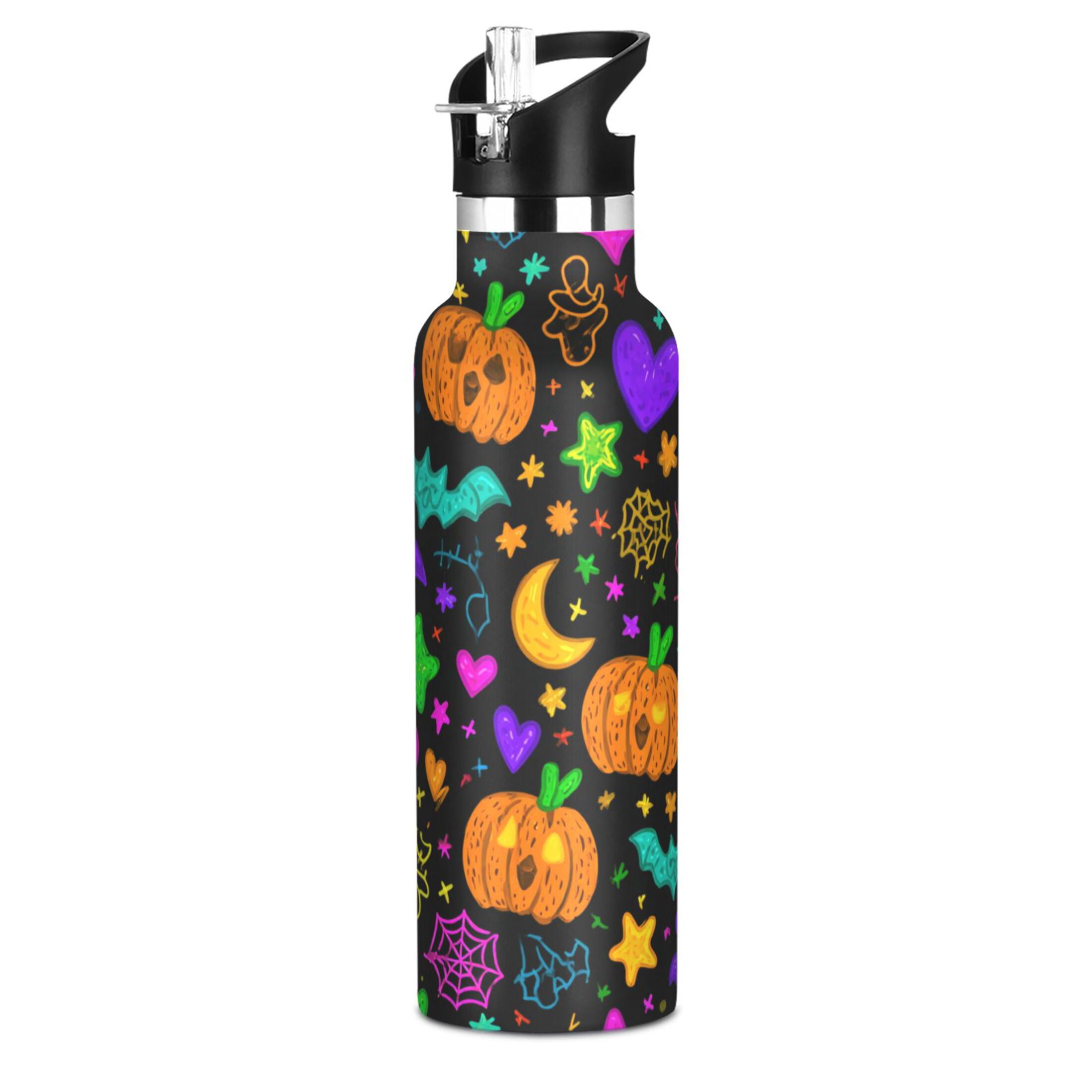 Kids Insulated Stainless Steel Sports Water Bottle 600ml (20oz) Colorful Cartoon Halloween Symbols