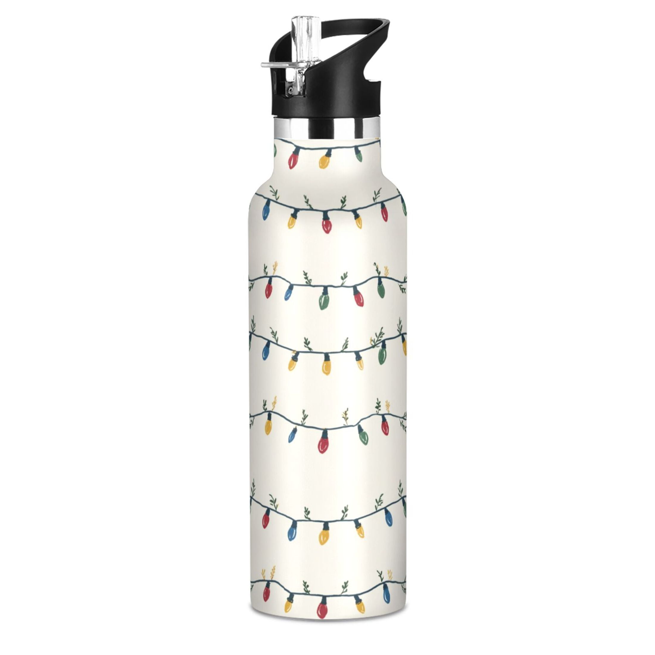 Kids Insulated Stainless Steel Sports Water Bottle 600ml (20oz) Colorful Christmas Lights Pattern