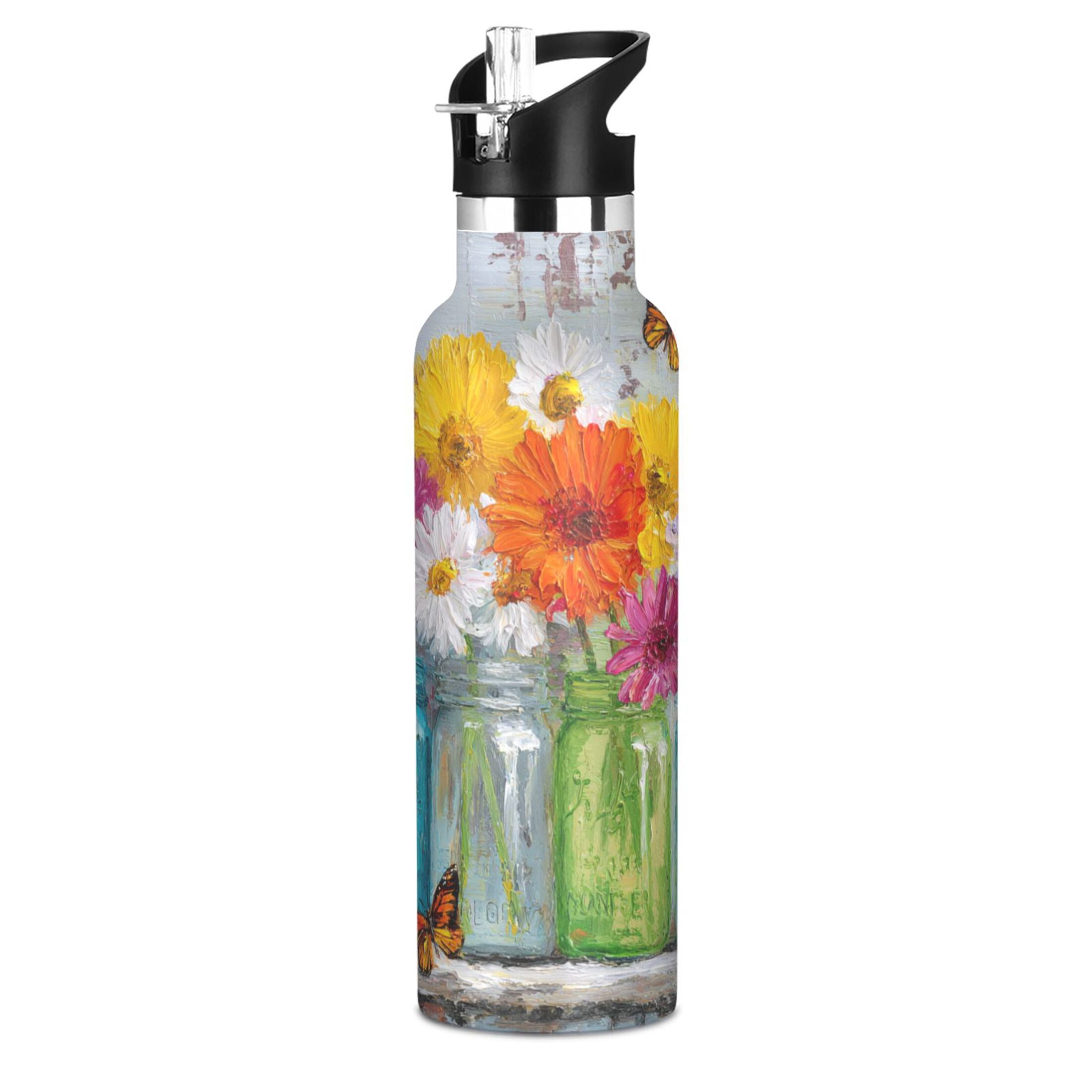 Kids Insulated Stainless Steel Sports Water Bottle 600ml (20oz) Colorful Daisies and Butterflies
