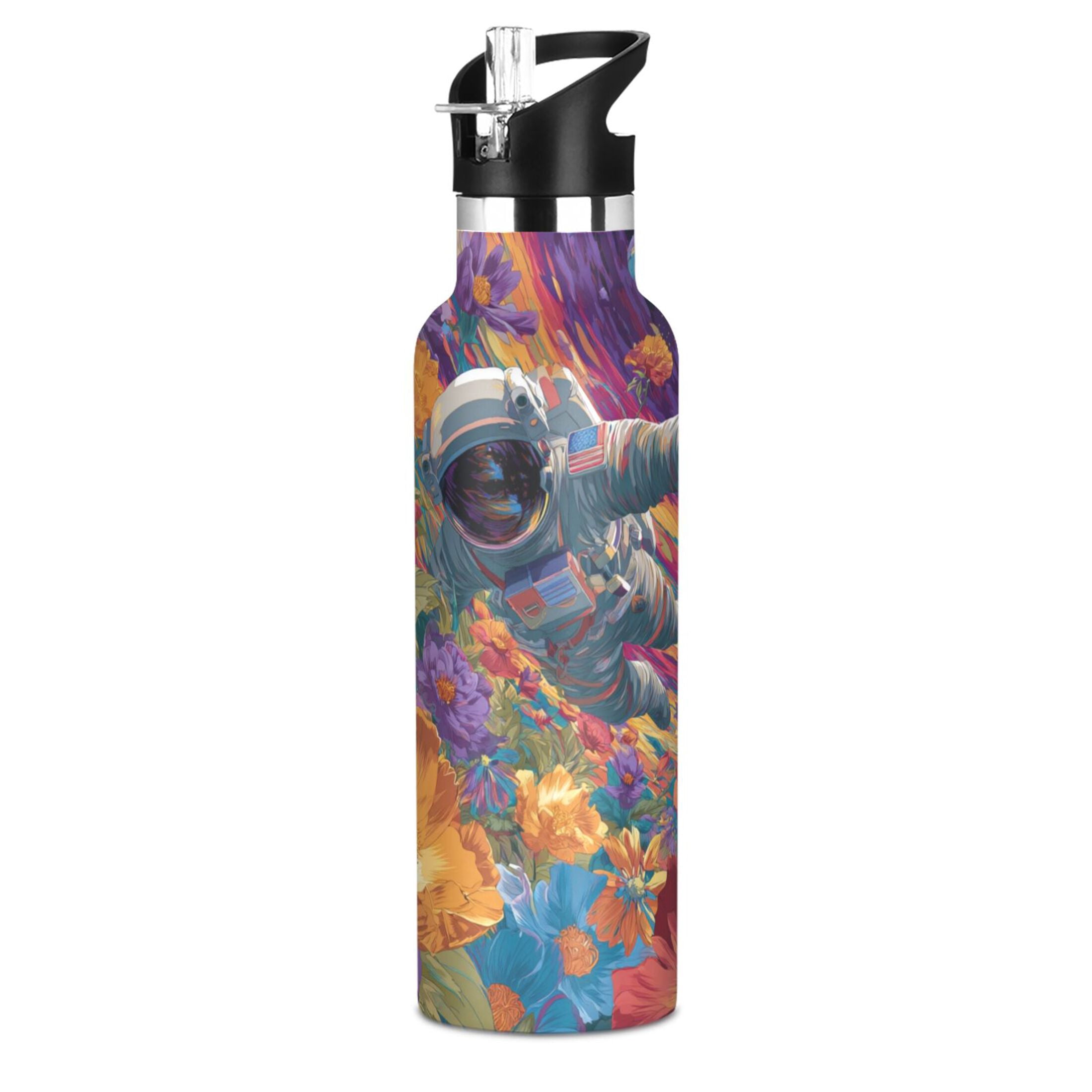 Kids Insulated Stainless Steel Sports Water Bottle 600ml (20oz) Colorful Flowers and Planets