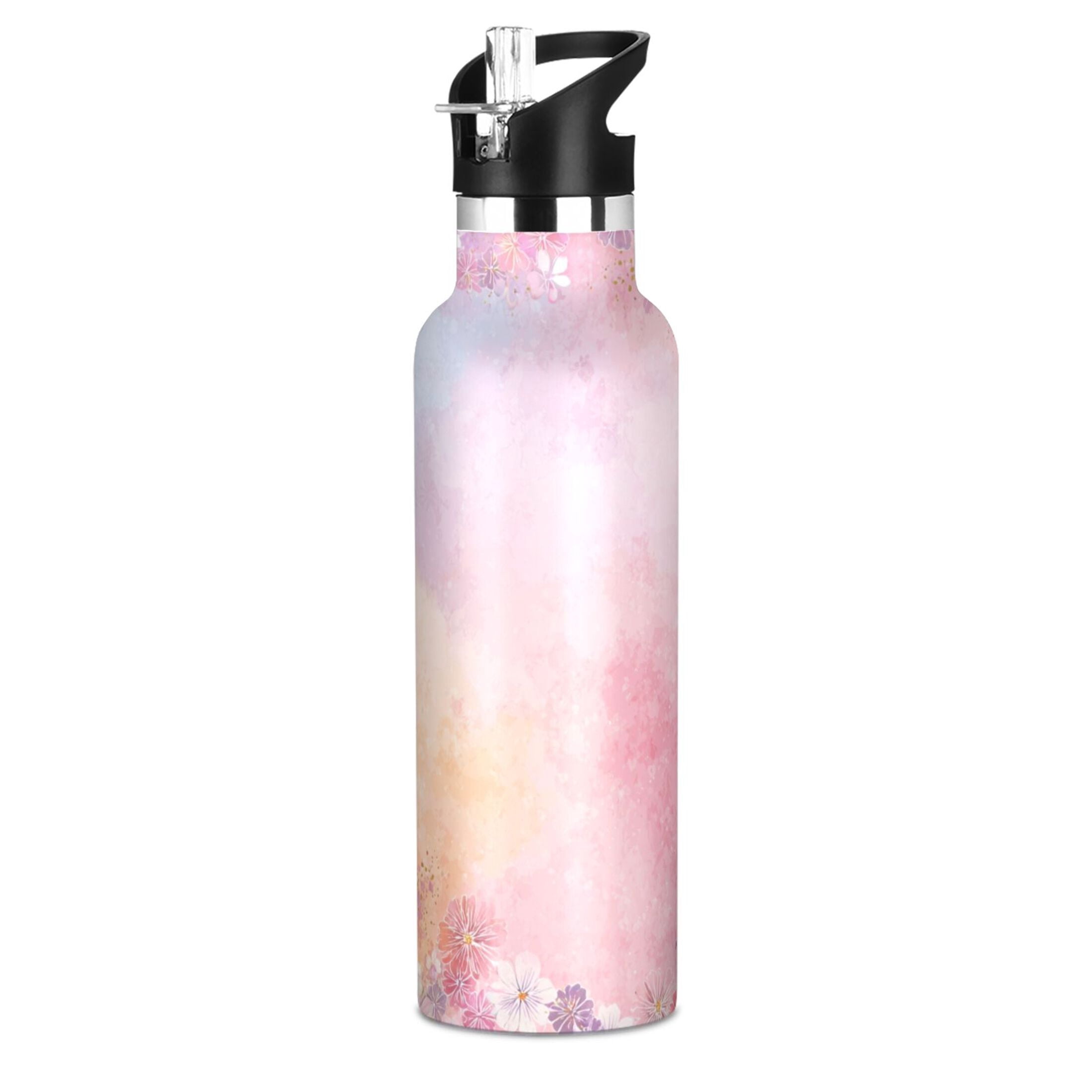 Kids Insulated Stainless Steel Sports Water Bottle 600ml (20oz) Colorful Pastel Floral Pattern