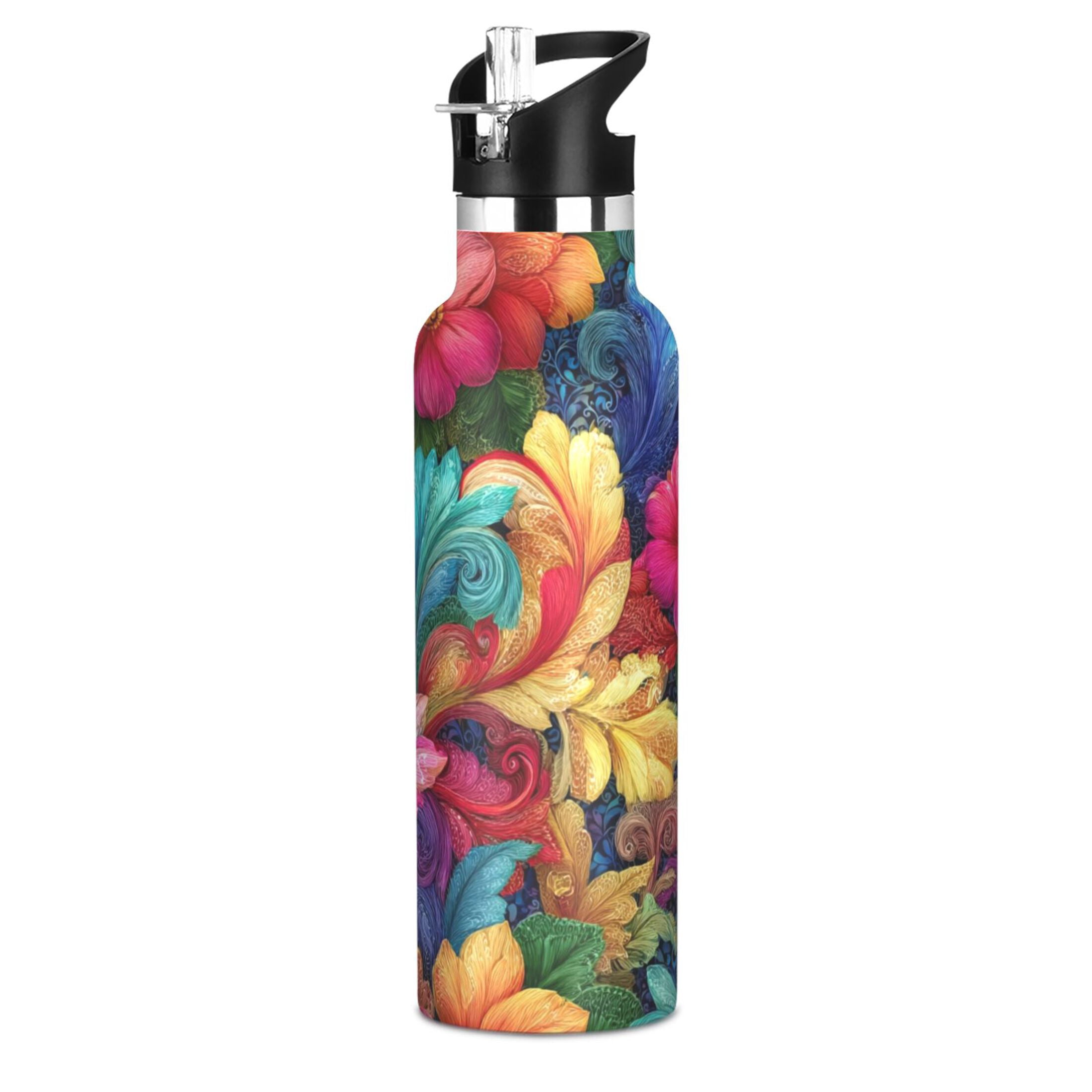 Kids Insulated Stainless Steel Sports Water Bottle 600ml (20oz) Colorful Swirls and Flowers