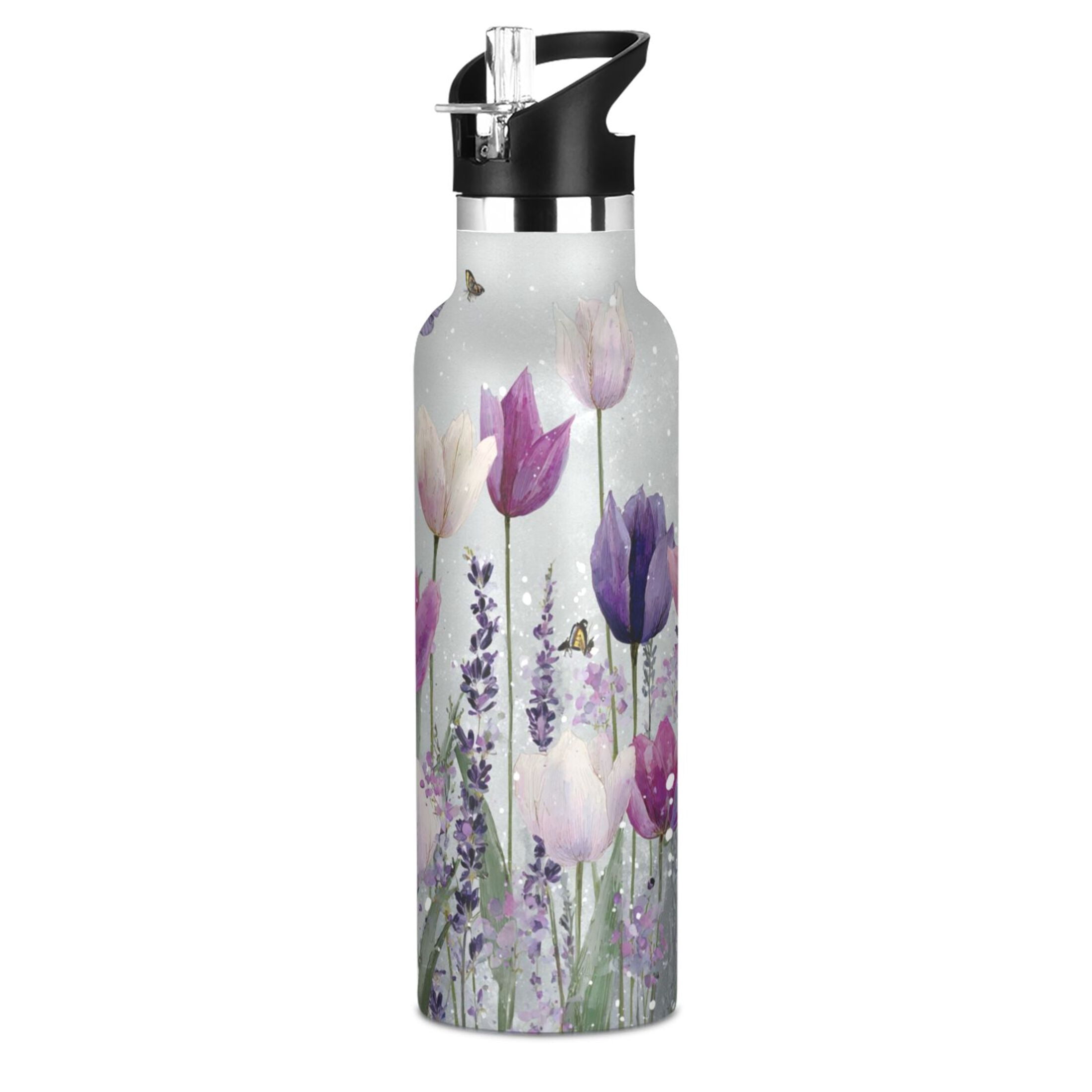 Kids Insulated Stainless Steel Sports Water Bottle 600ml (20oz) Colorful Tulips and Lavender