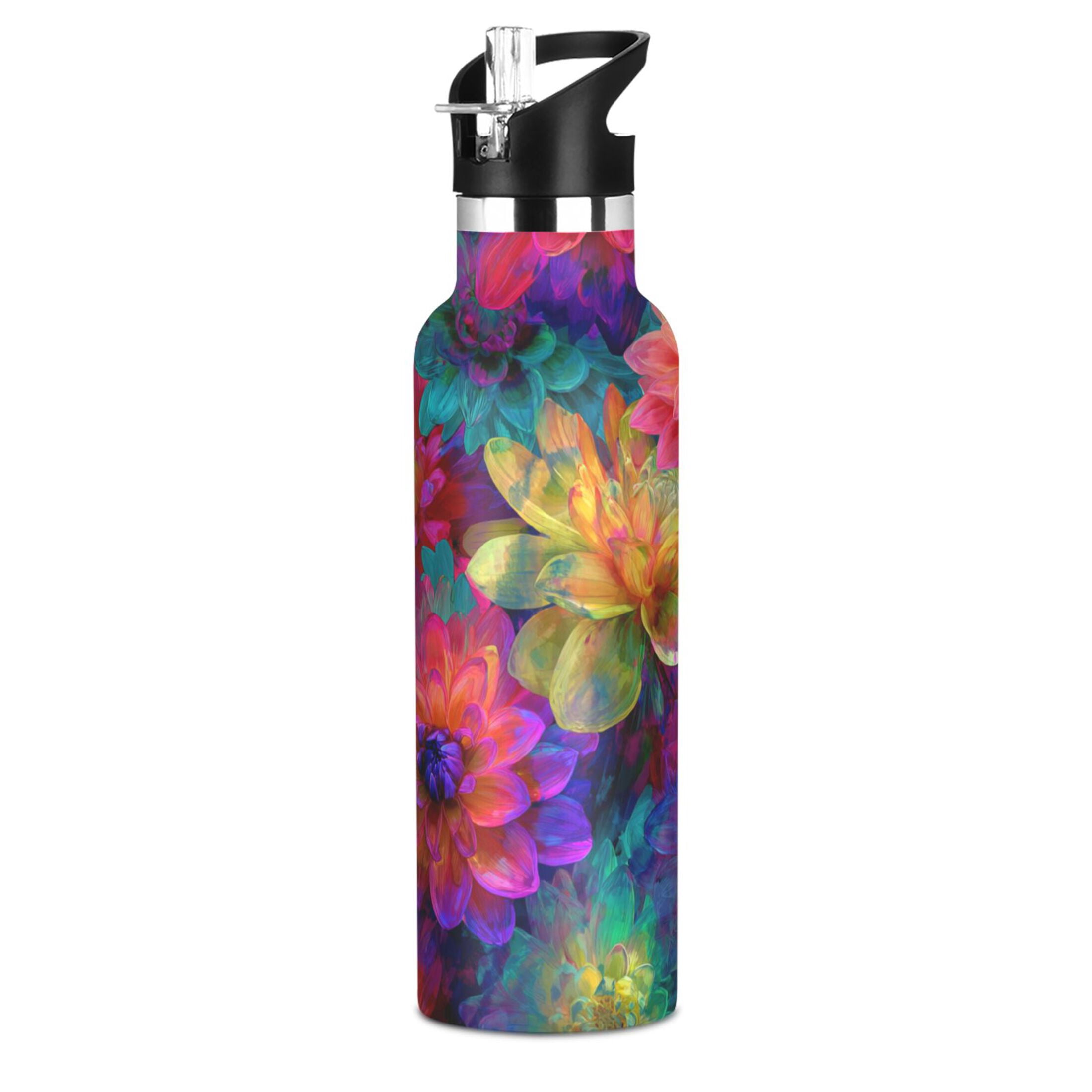 Kids Insulated Stainless Steel Sports Water Bottle 600ml (20oz) Colorful and Bright Floral Pattern