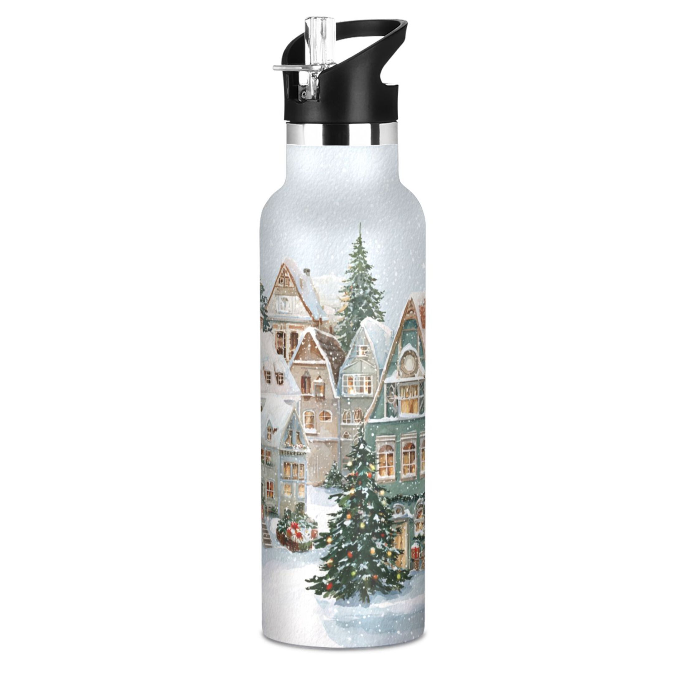Kids Insulated Stainless Steel Sports Water Bottle 600ml (20oz) Cozy Winter Town with Snow