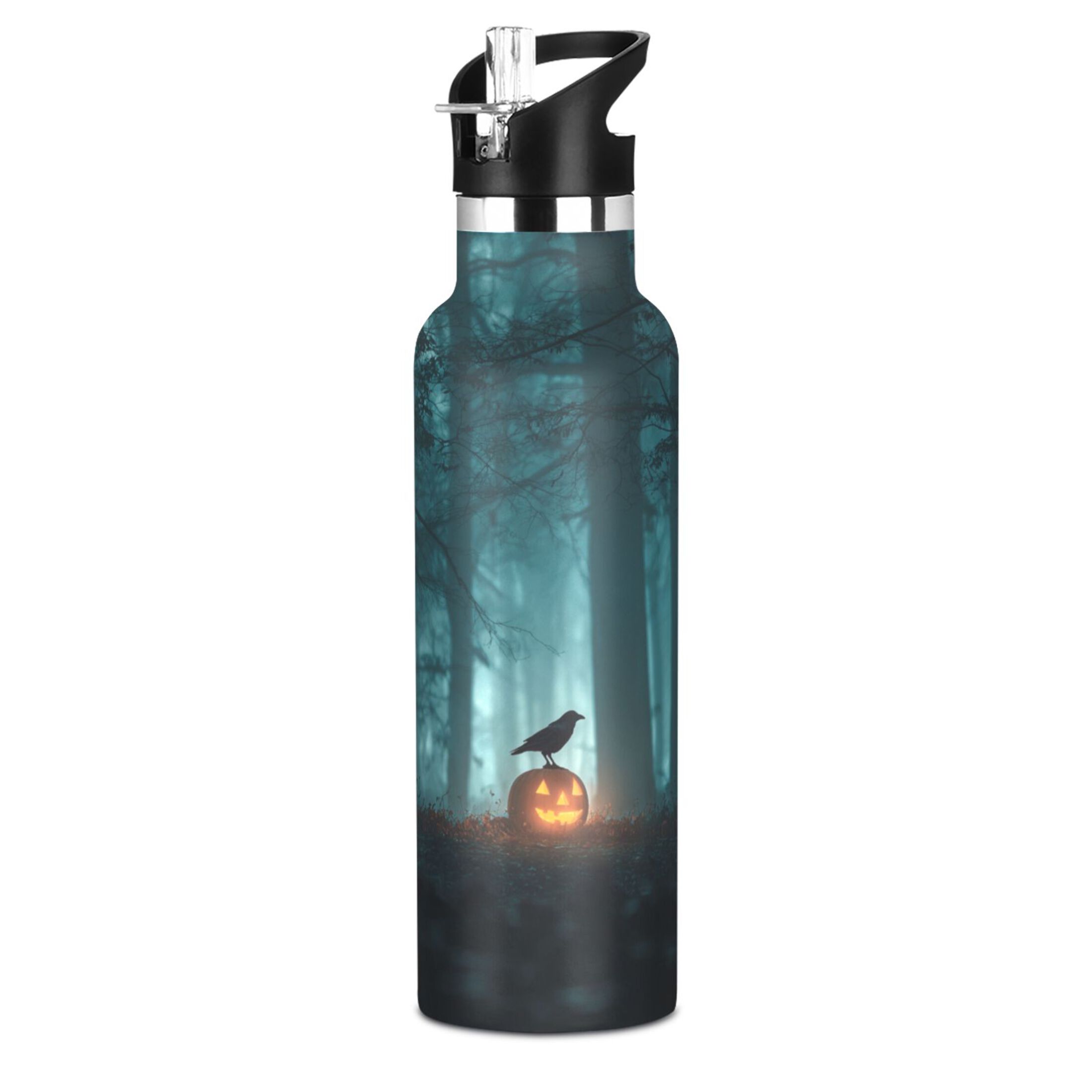 Kids Insulated Stainless Steel Sports Water Bottle 600ml (20oz) Crow Perched on Pumpkin Lantern