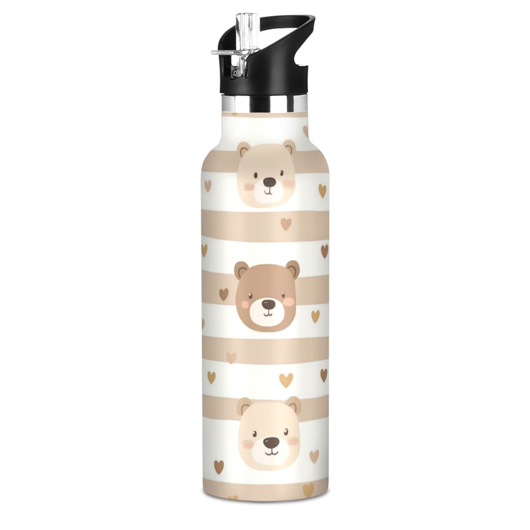 Kids Insulated Stainless Steel Sports Water Bottle 600ml (20oz) Cute Bear Face Pattern