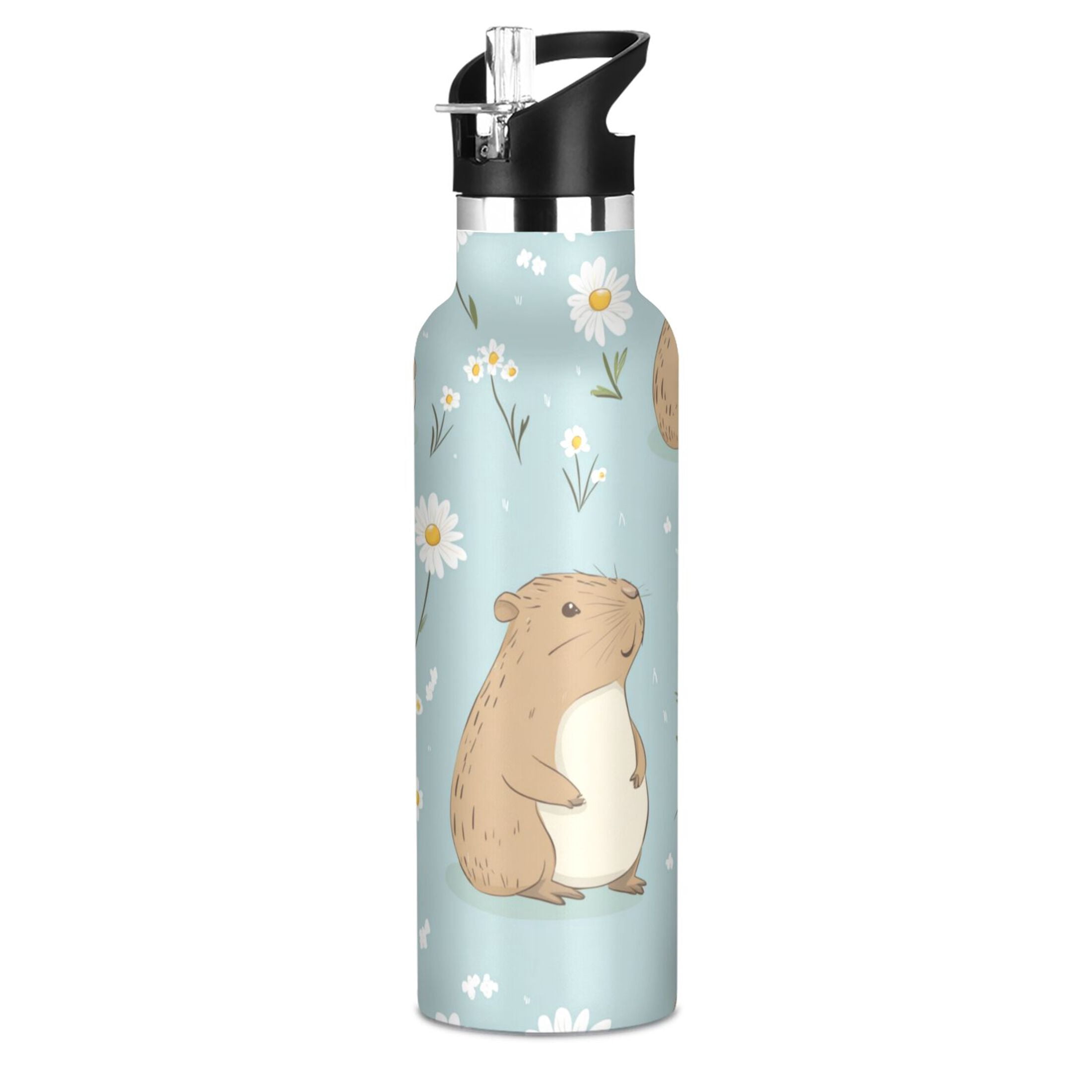 Kids Insulated Stainless Steel Sports Water Bottle 600ml (20oz) Cute Capybara and Daisies