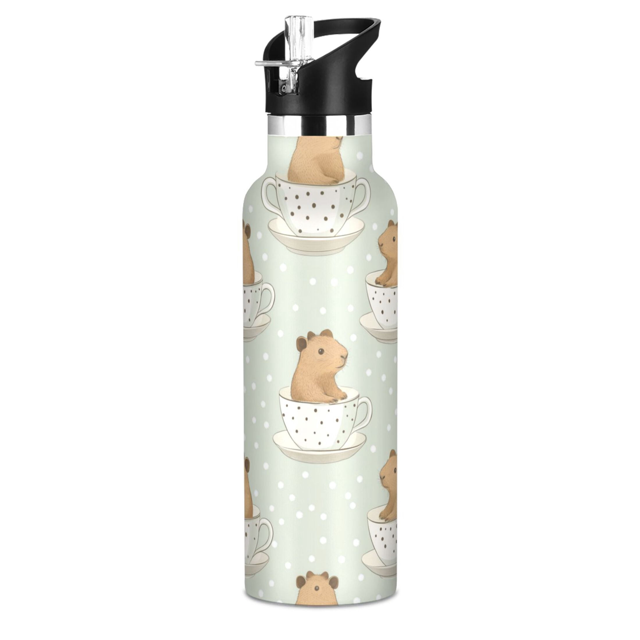 Kids Insulated Stainless Steel Sports Water Bottle 600ml (20oz) Cute Capybara in Coffee Cups