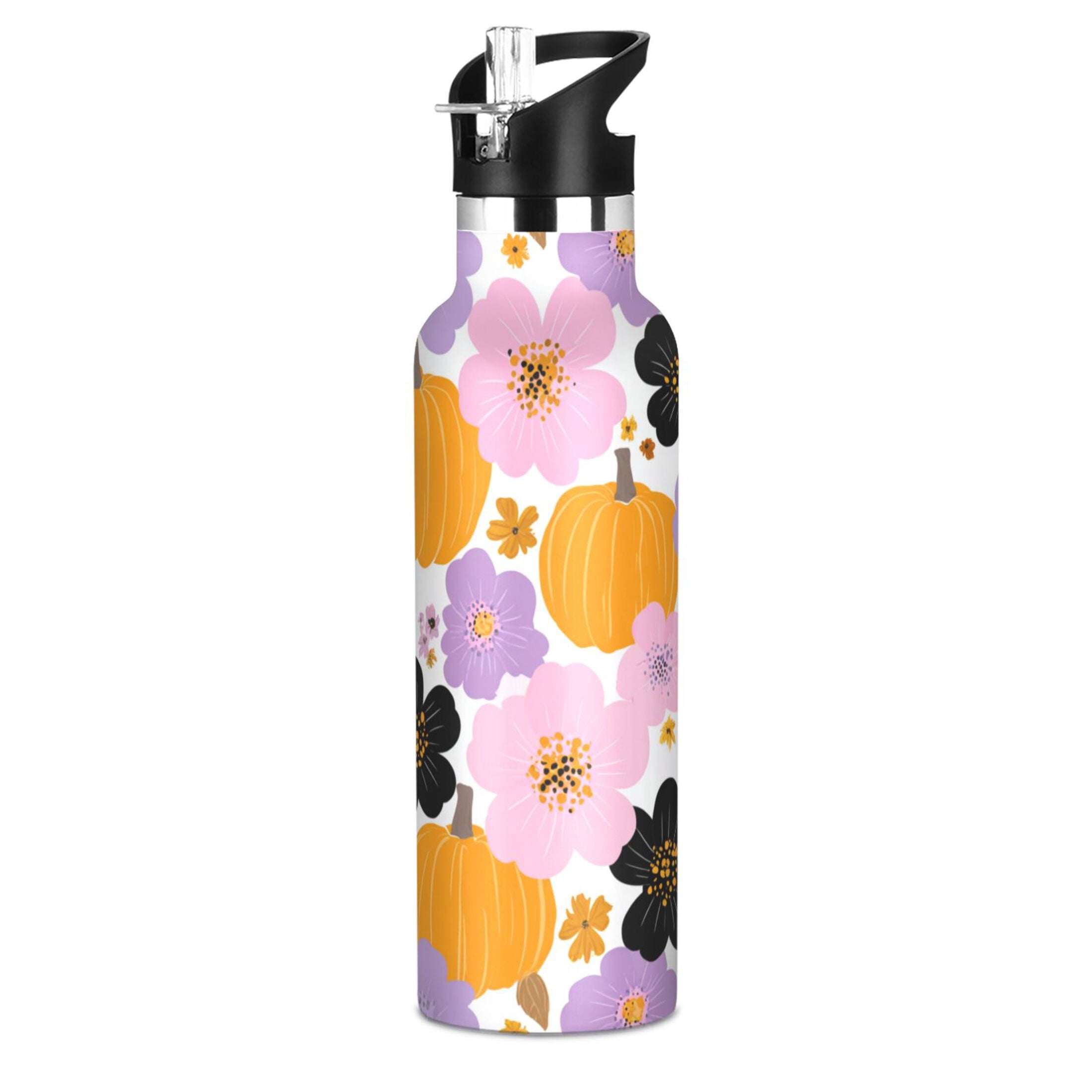 Kids Insulated Stainless Steel Sports Water Bottle 600ml (20oz) Cute Flowers and Pumpkins
