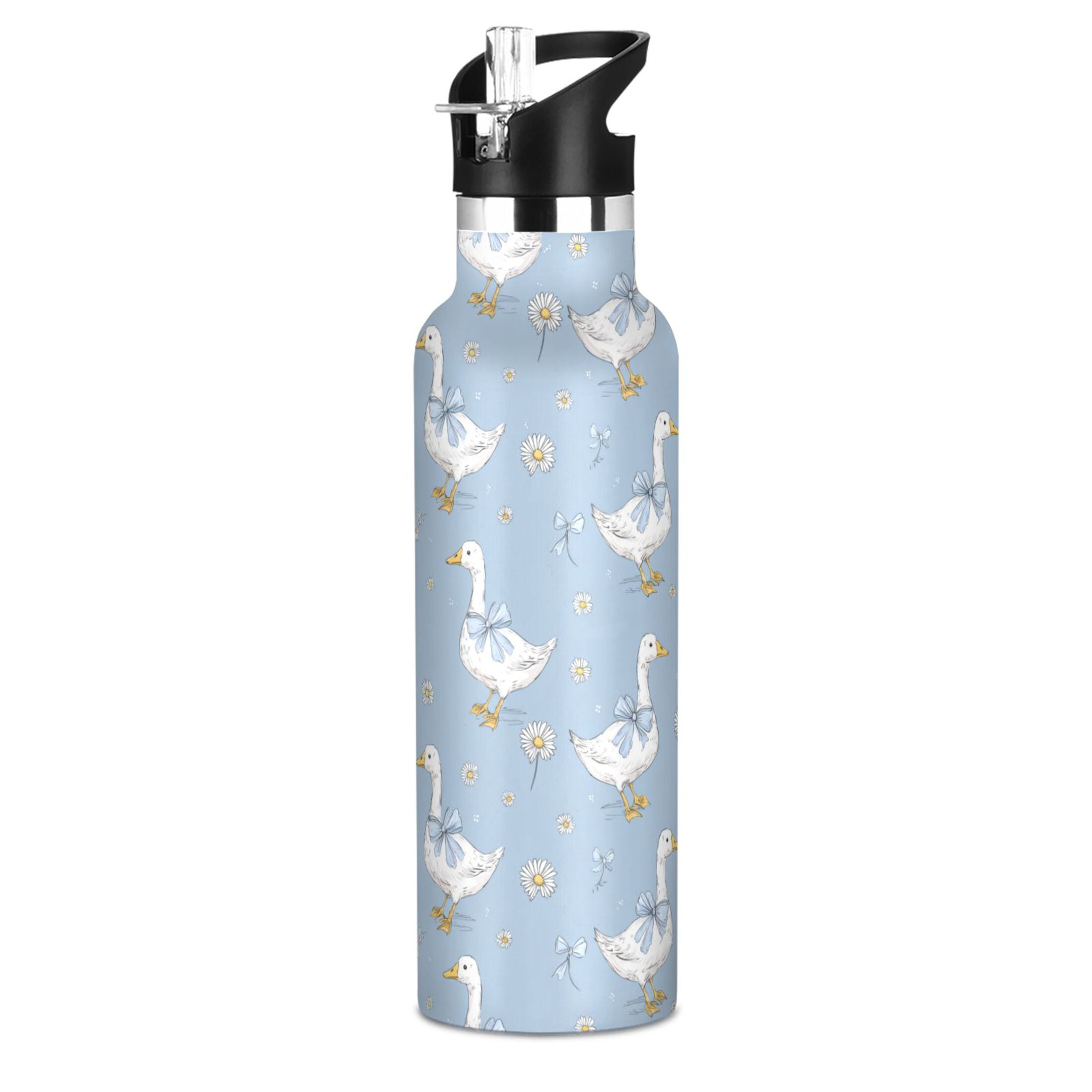 Kids Insulated Stainless Steel Sports Water Bottle 600ml (20oz) Cute Geese and Daisies