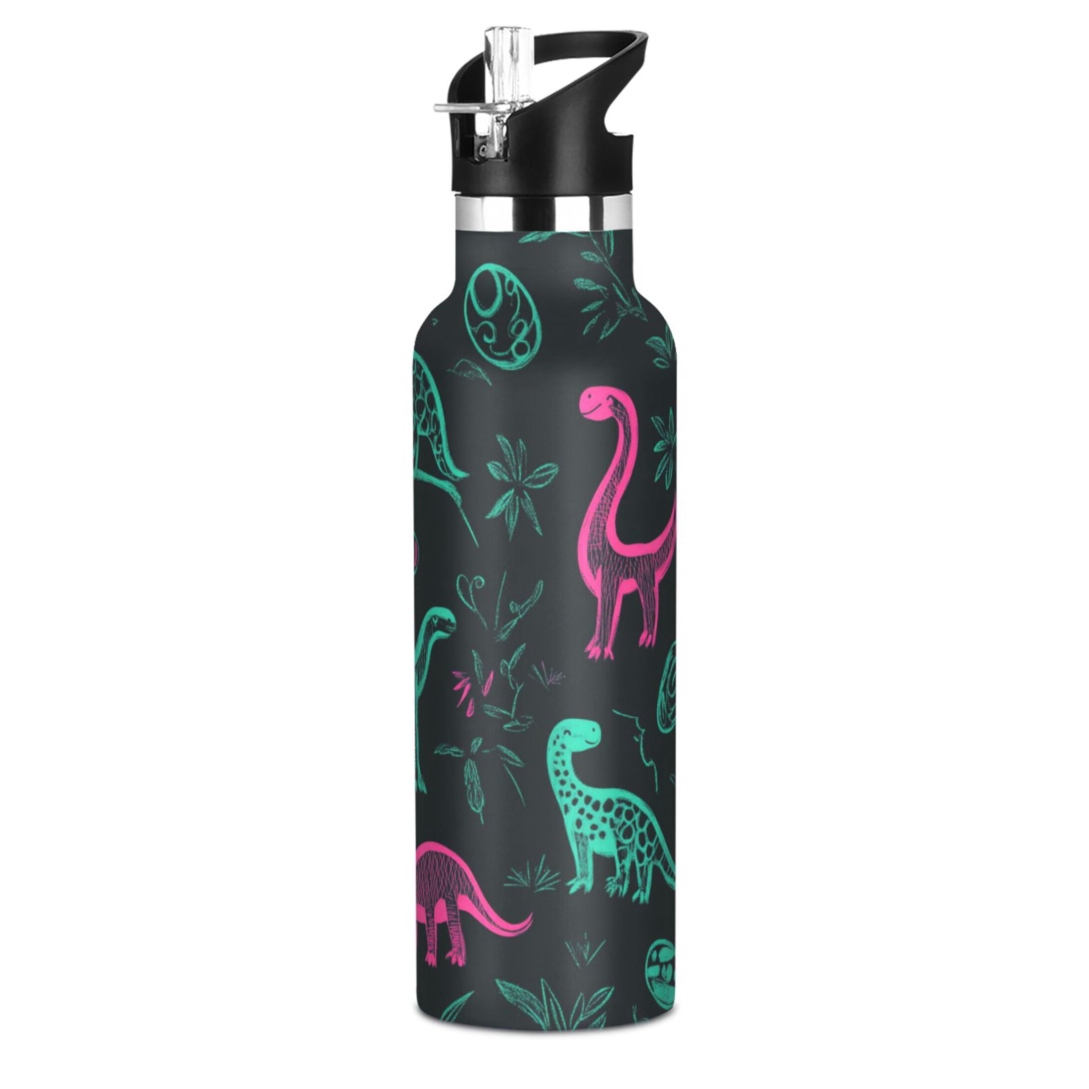Kids Insulated Stainless Steel Sports Water Bottle 600ml (20oz) Cute Green Dinosaurs