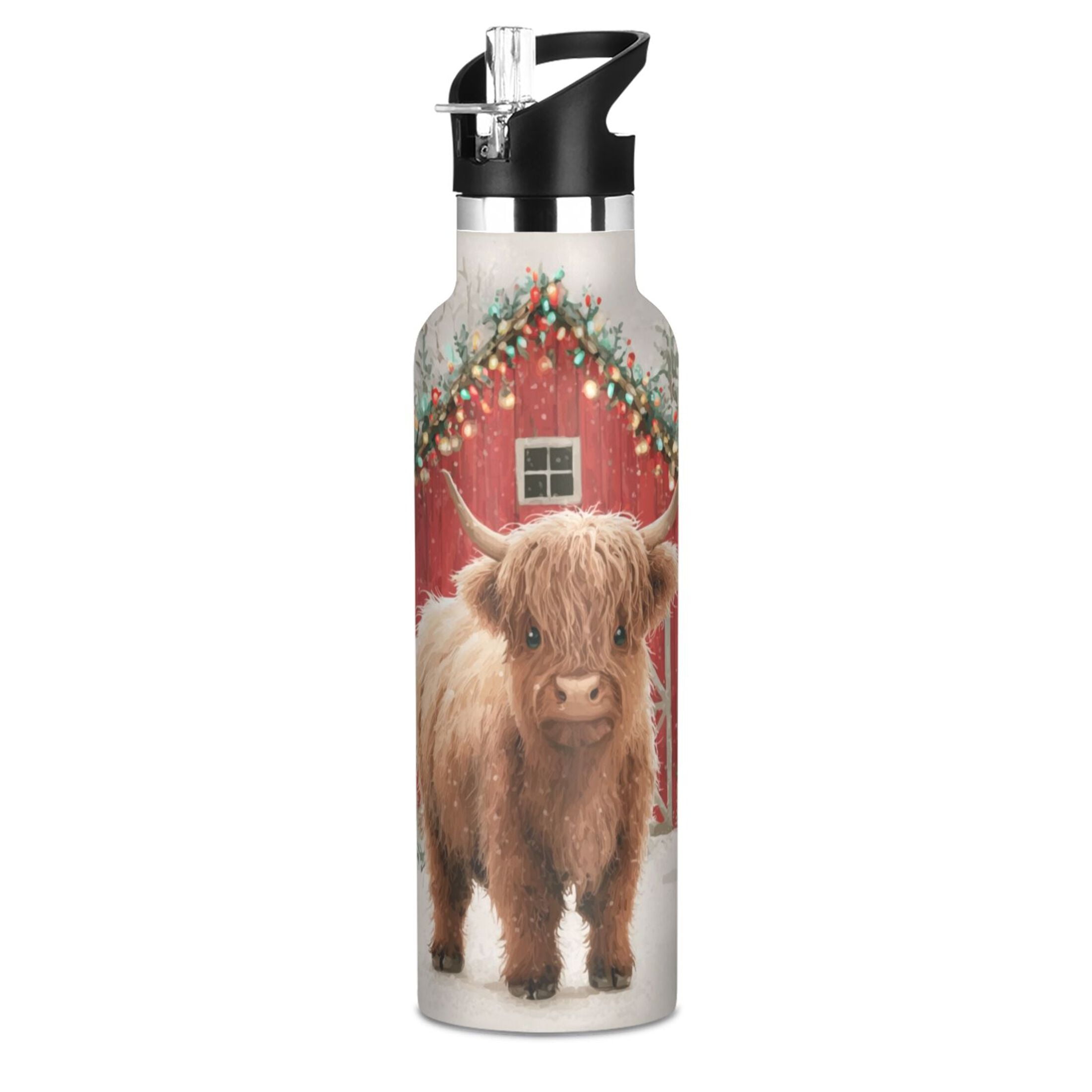 Kids Insulated Stainless Steel Sports Water Bottle 600ml (20oz) Cute Highland Cow Pattern