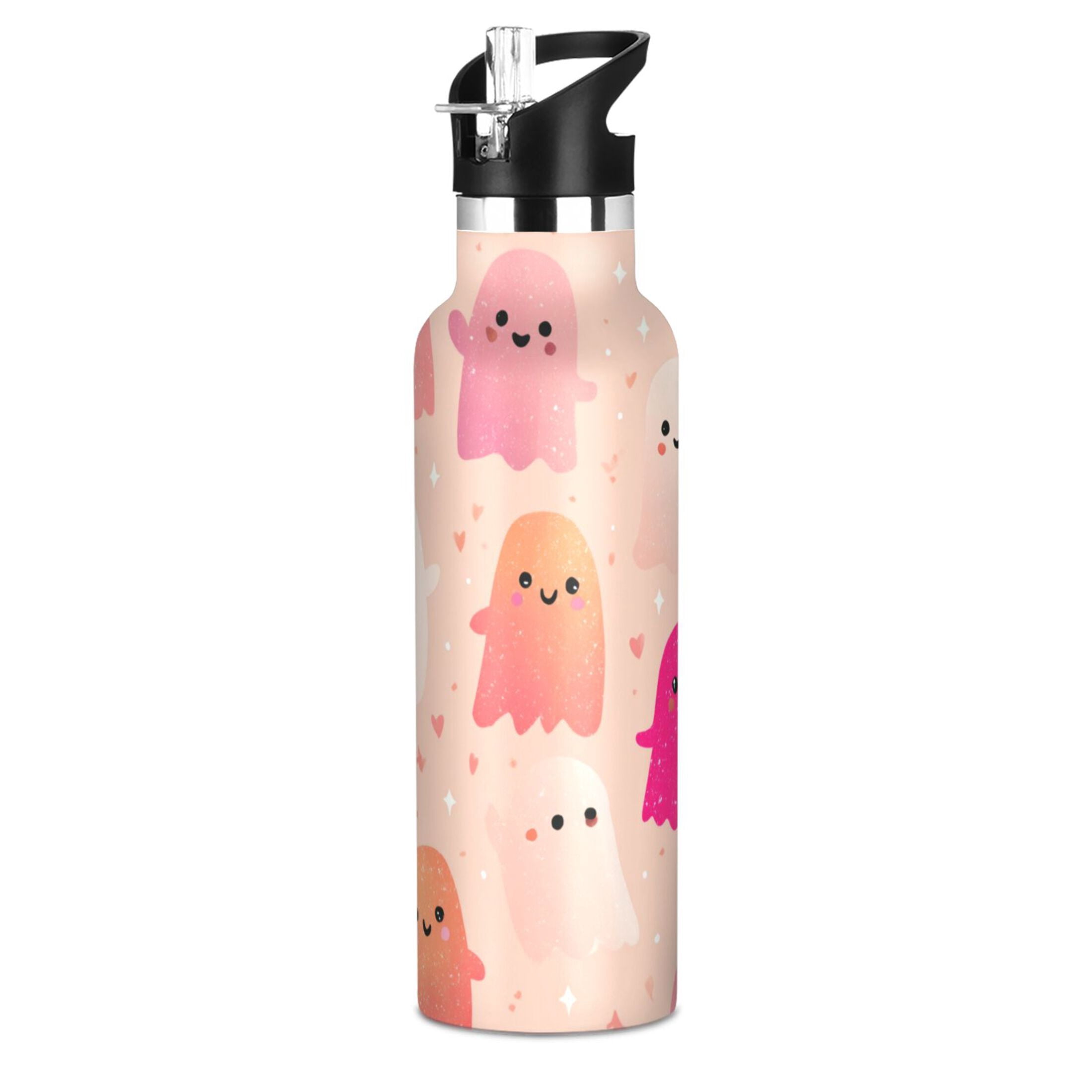 Kids Insulated Stainless Steel Sports Water Bottle 600ml (20oz) Cute Light Pink Ghost