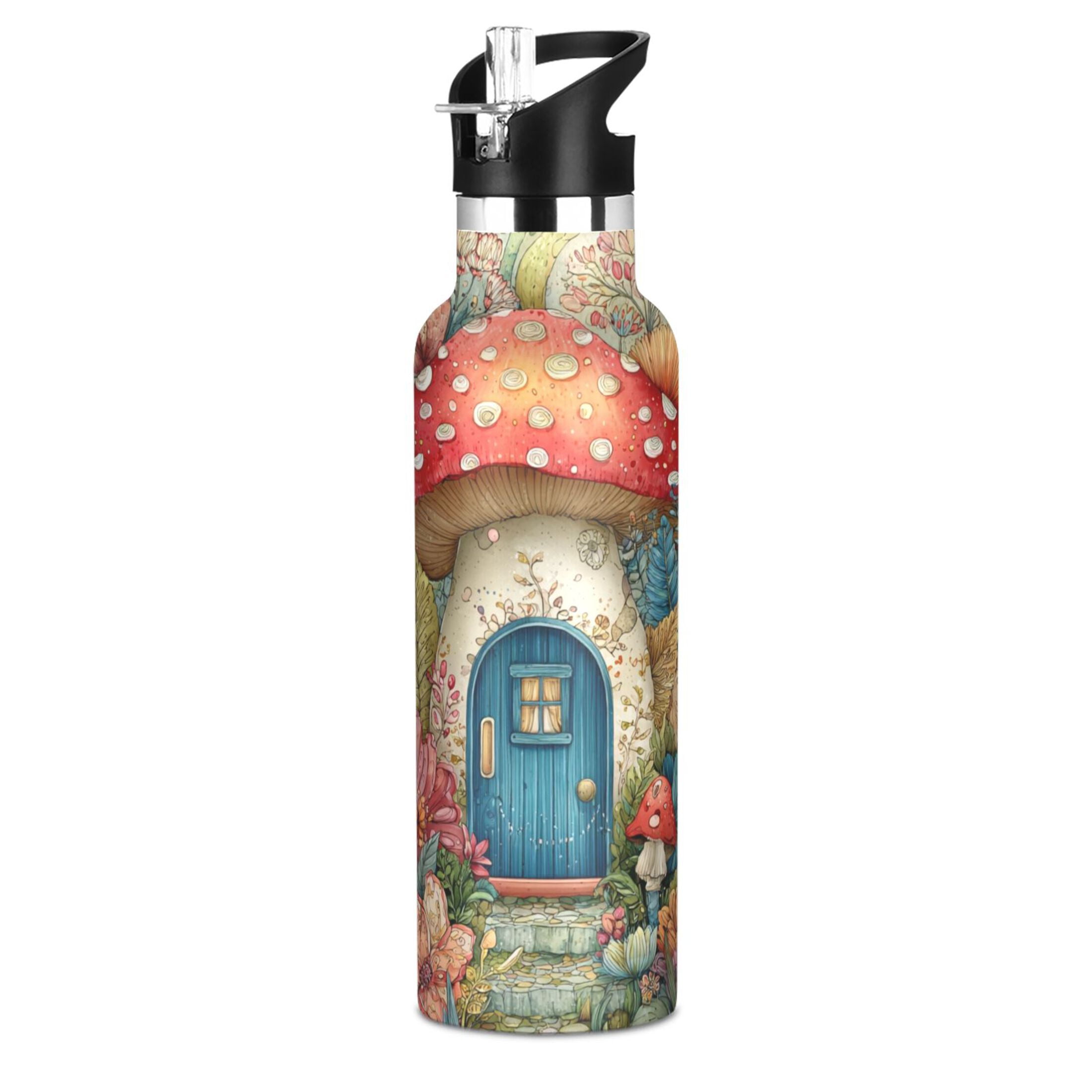 Kids Insulated Stainless Steel Sports Water Bottle 600ml (20oz) Cute Mushroom House