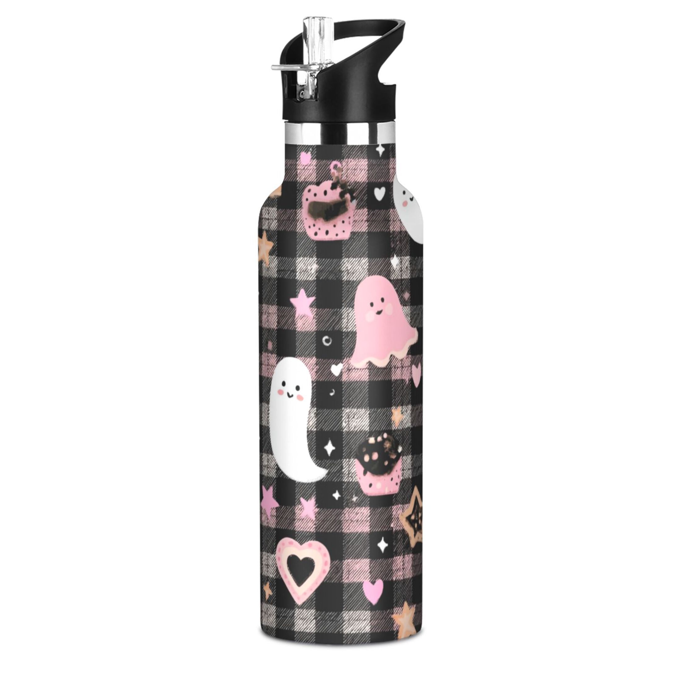 Kids Insulated Stainless Steel Sports Water Bottle 600ml (20oz) Cute Pastel Ghost Pattern
