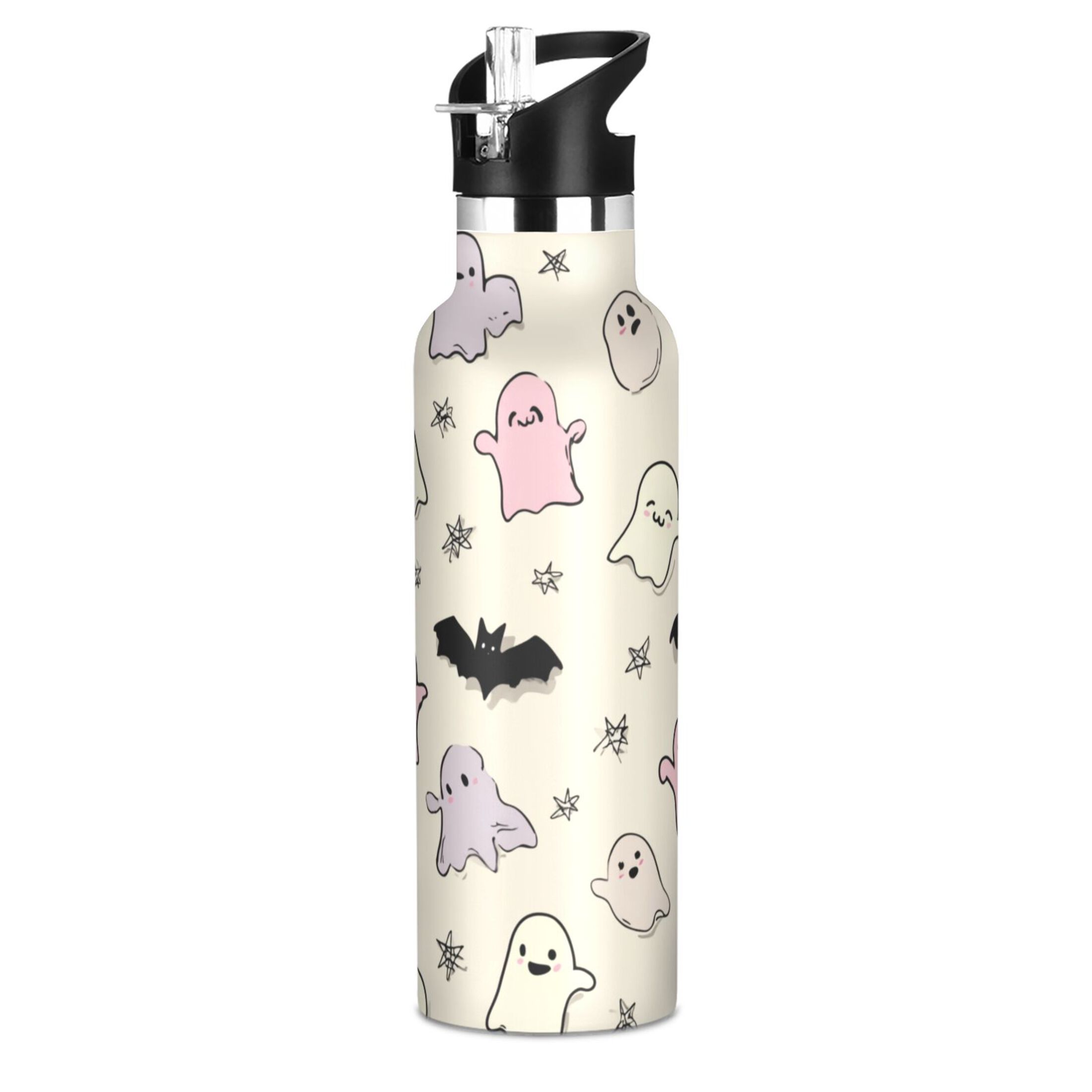 Kids Insulated Stainless Steel Sports Water Bottle 600ml (20oz) Cute Pastel Ghosts Pattern