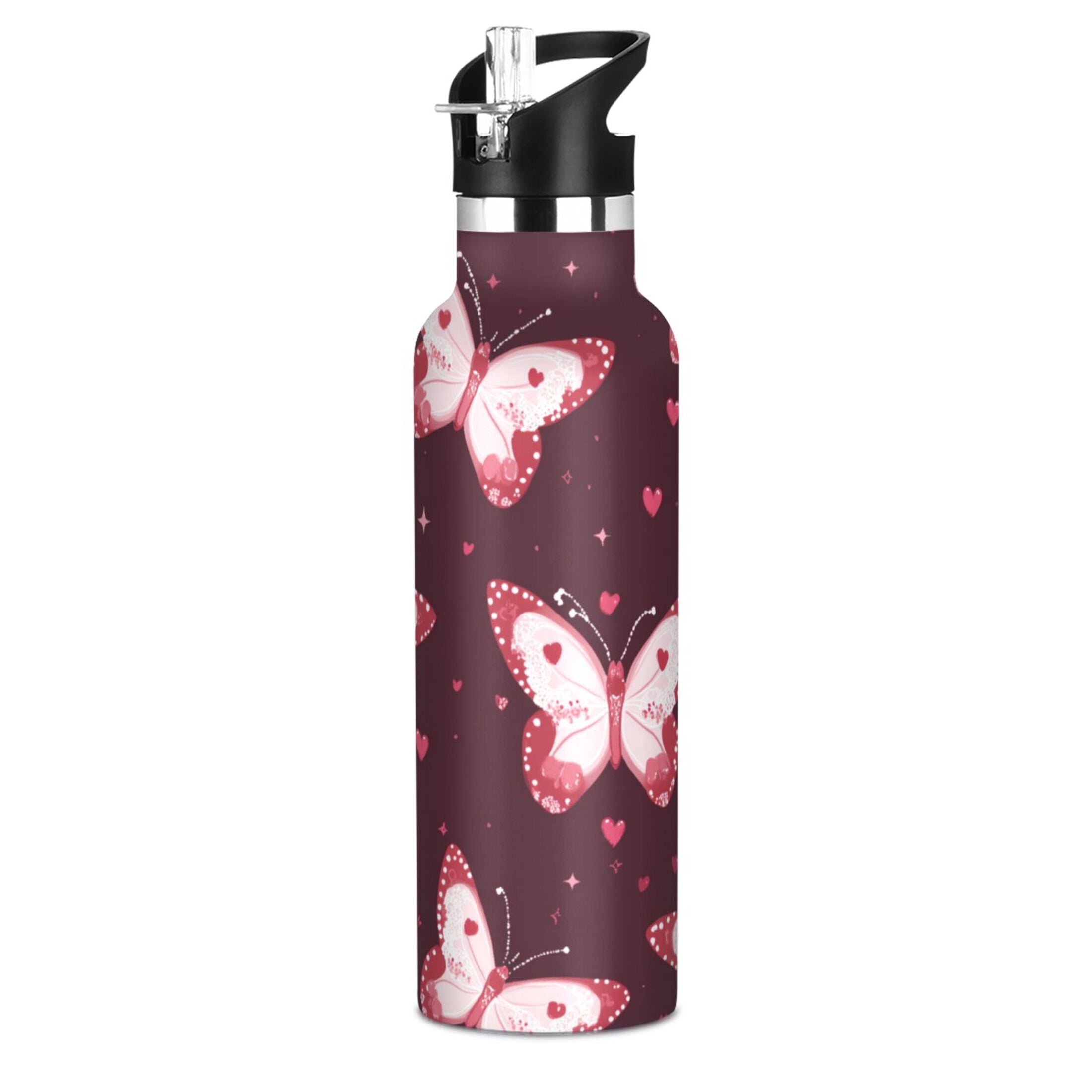 Kids Insulated Stainless Steel Sports Water Bottle 600ml (20oz) Cute Pink Butterflies