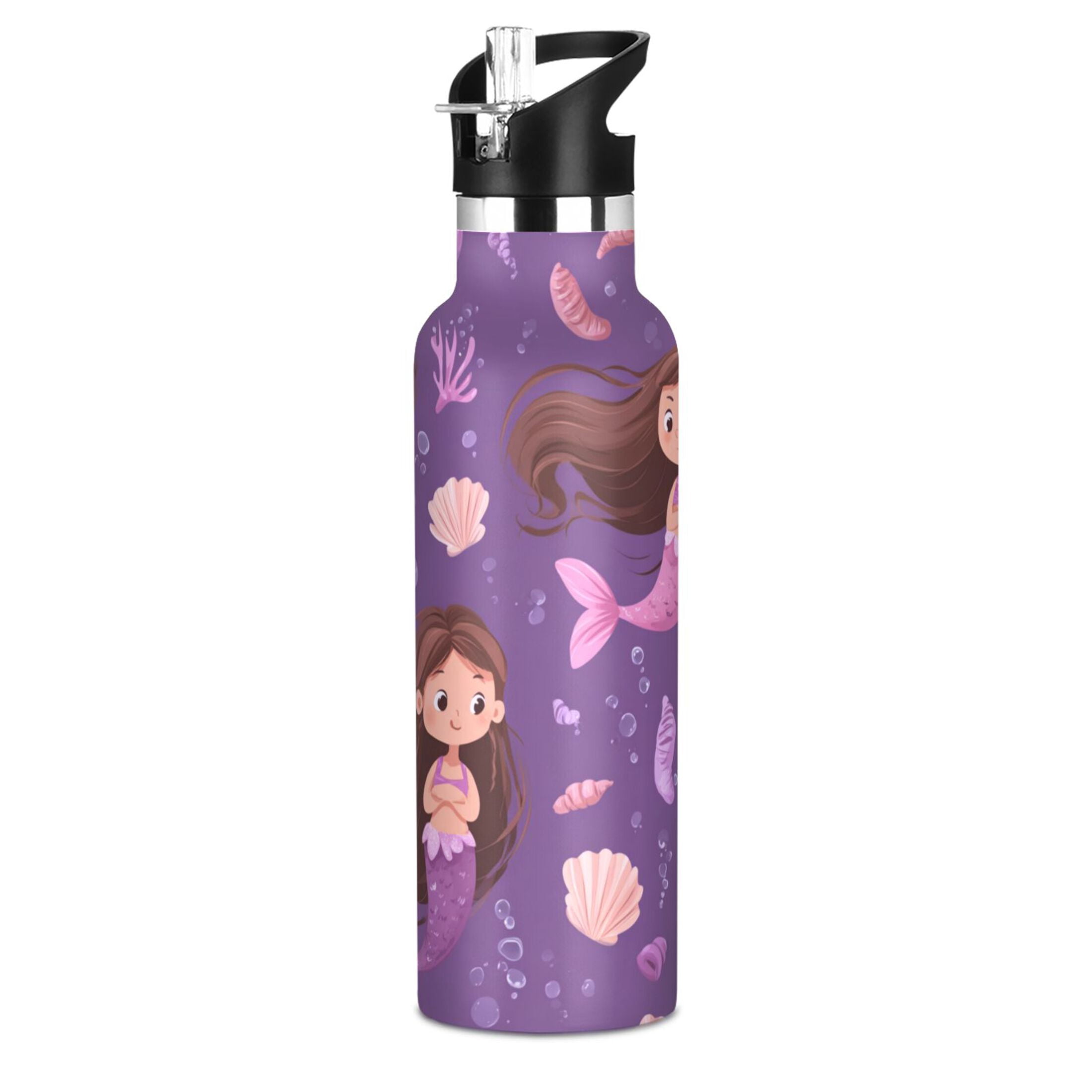 Kids Insulated Stainless Steel Sports Water Bottle 600ml (20oz) Cute Pink Mermaids