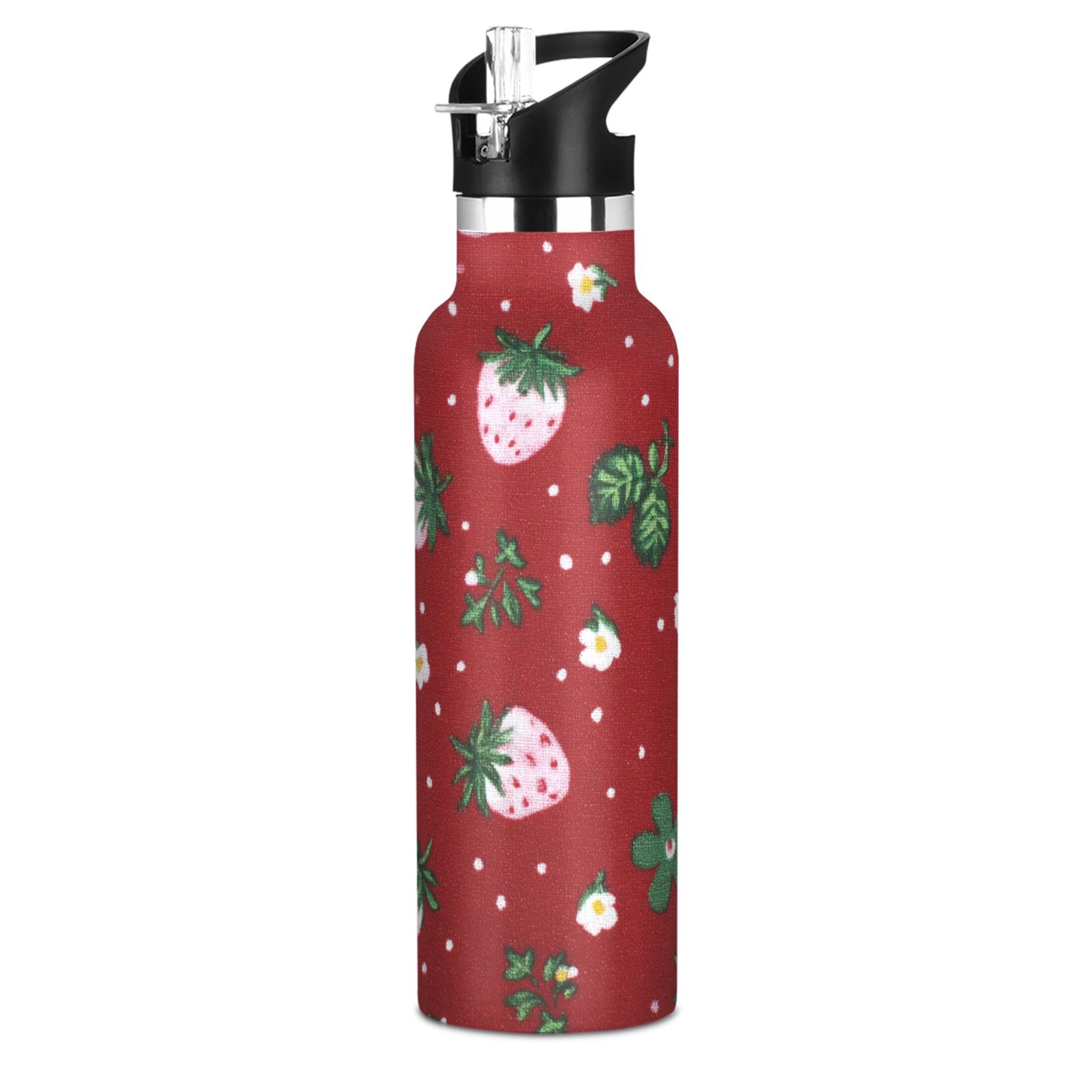 Kids Insulated Stainless Steel Sports Water Bottle 600ml (20oz) Cute Pink Strawberry Pattern