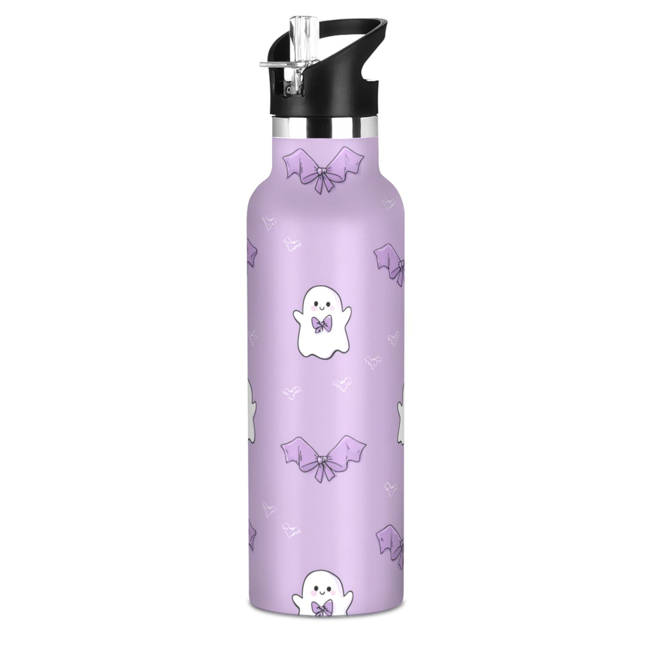 Kids Insulated Stainless Steel Sports Water Bottle 600ml (20oz) Cute Purple Ghost Pattern