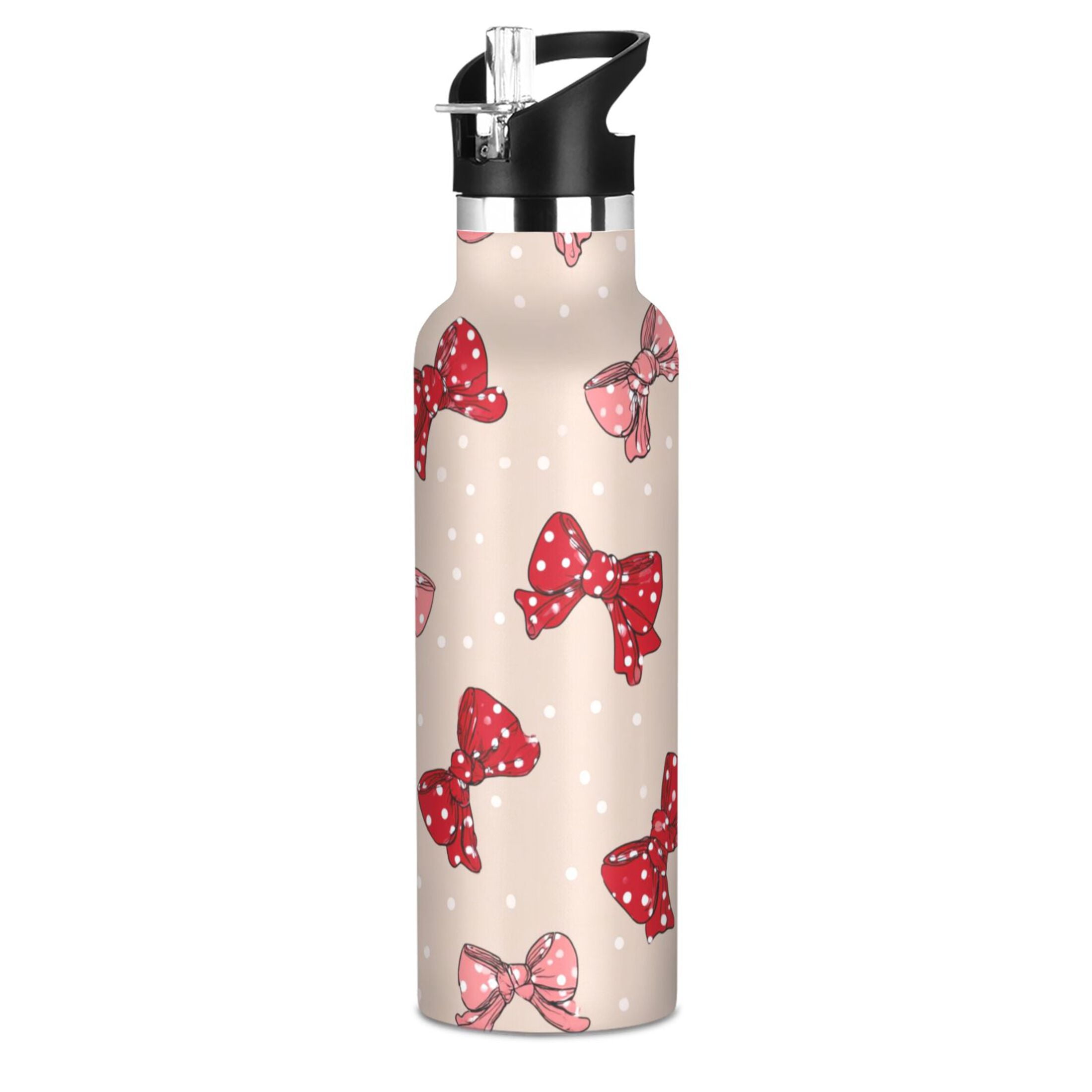 Kids Insulated Stainless Steel Sports Water Bottle 600ml (20oz) Cute Red Bows Pattern