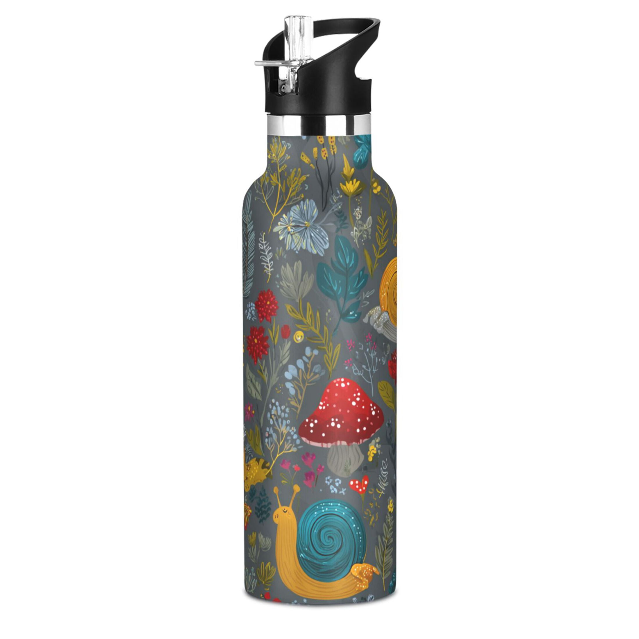 Kids Insulated Stainless Steel Sports Water Bottle 600ml (20oz) Cute Snails and Mushrooms