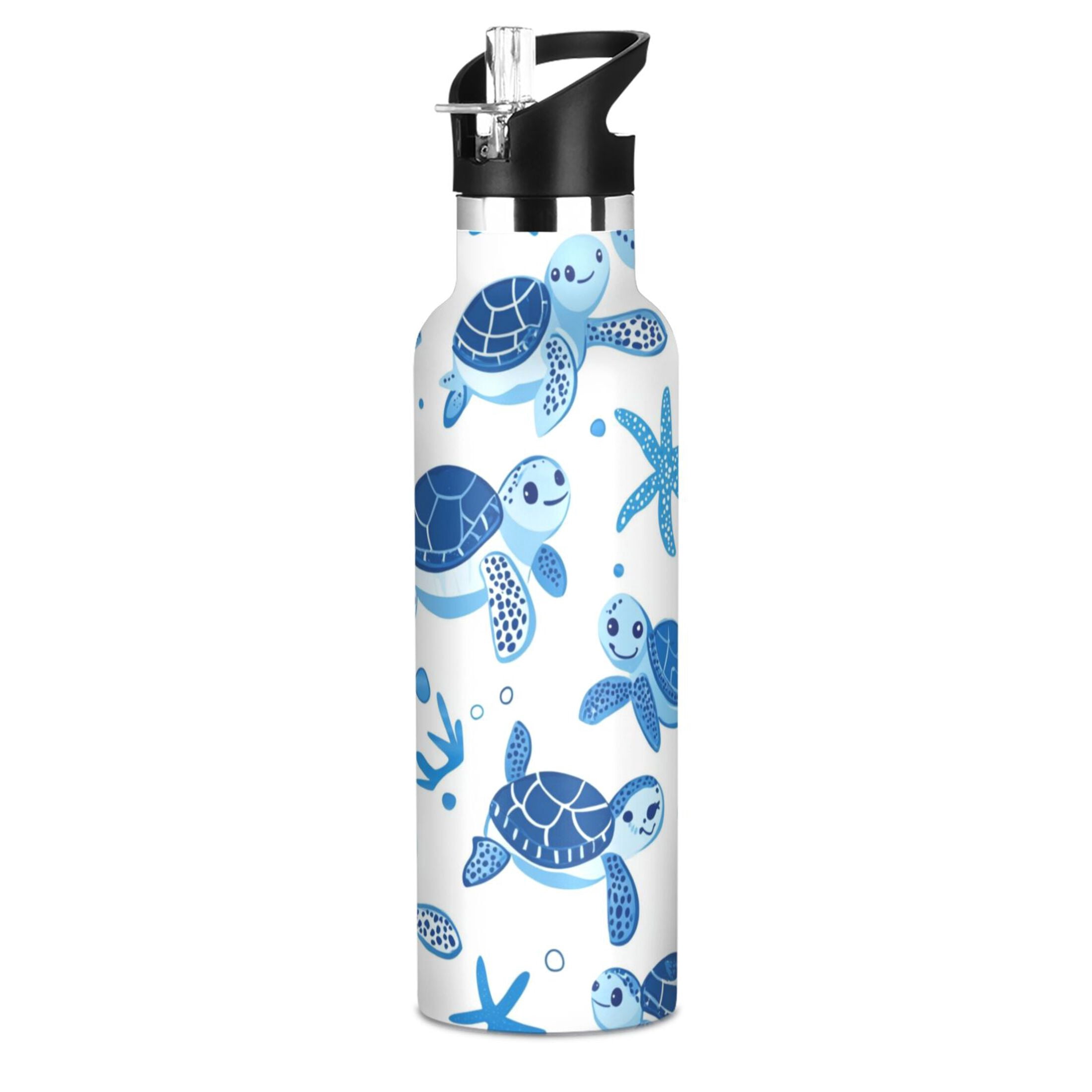 Kids Insulated Stainless Steel Sports Water Bottle 600ml (20oz) Cute Turtles and Starfish