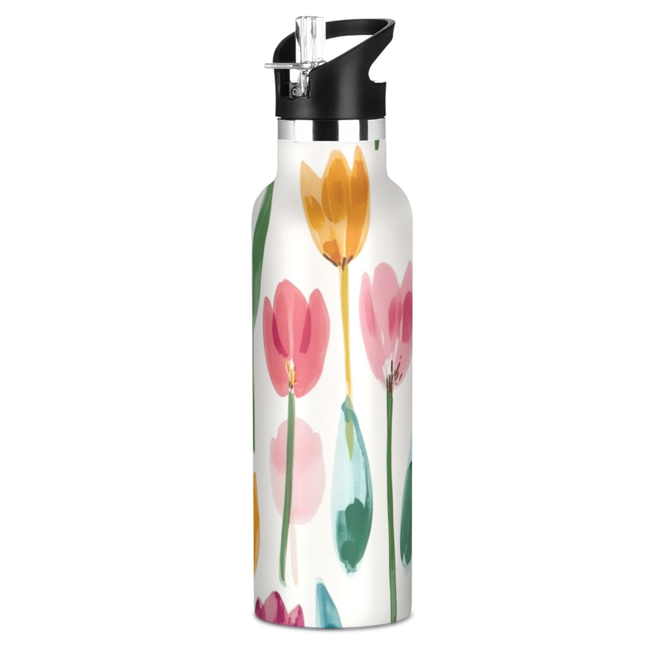 Kids Insulated Stainless Steel Sports Water Bottle 600ml (20oz) Cute Watercolor Tulips