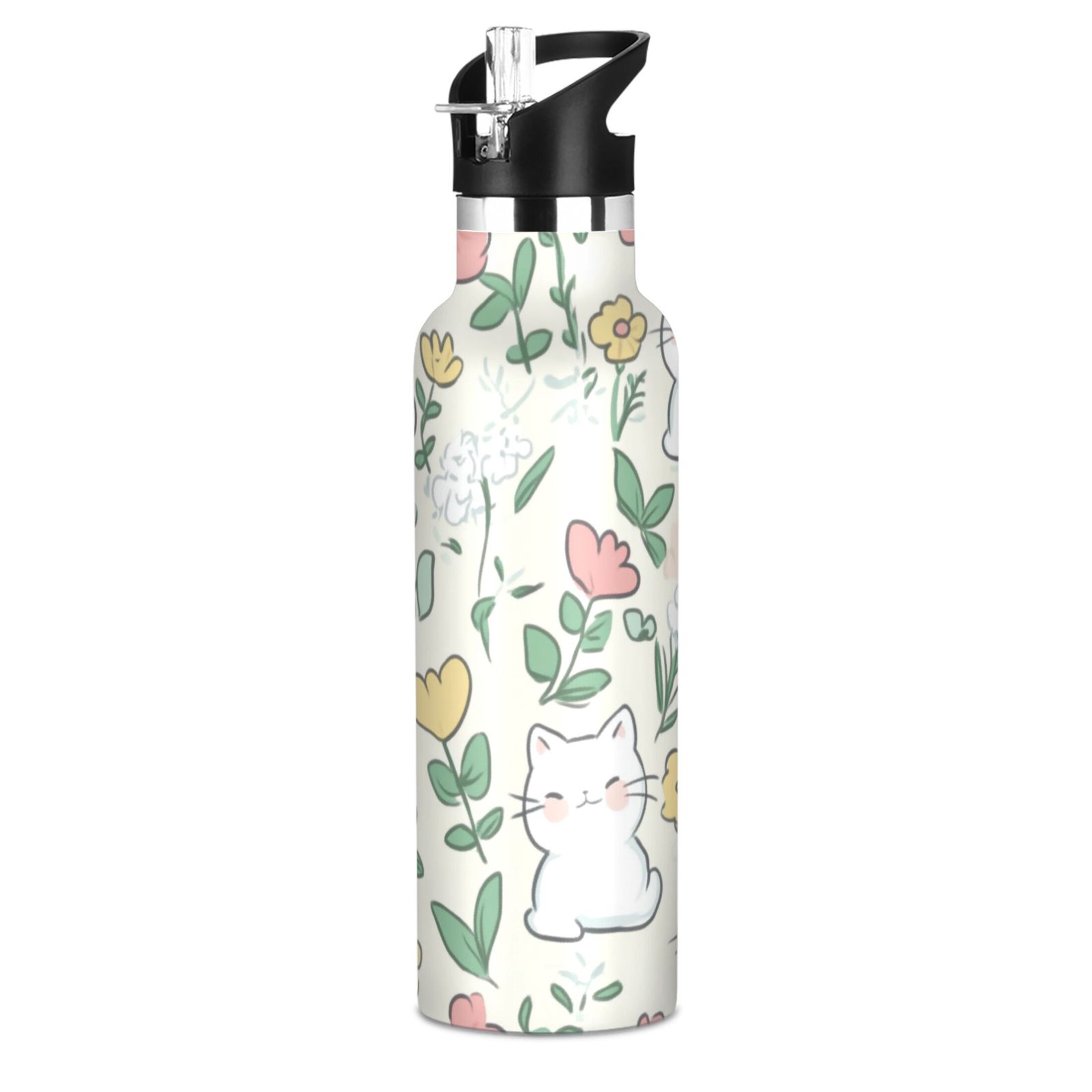 Kids Insulated Stainless Steel Sports Water Bottle 600ml (20oz) Cute White Cat Pattern