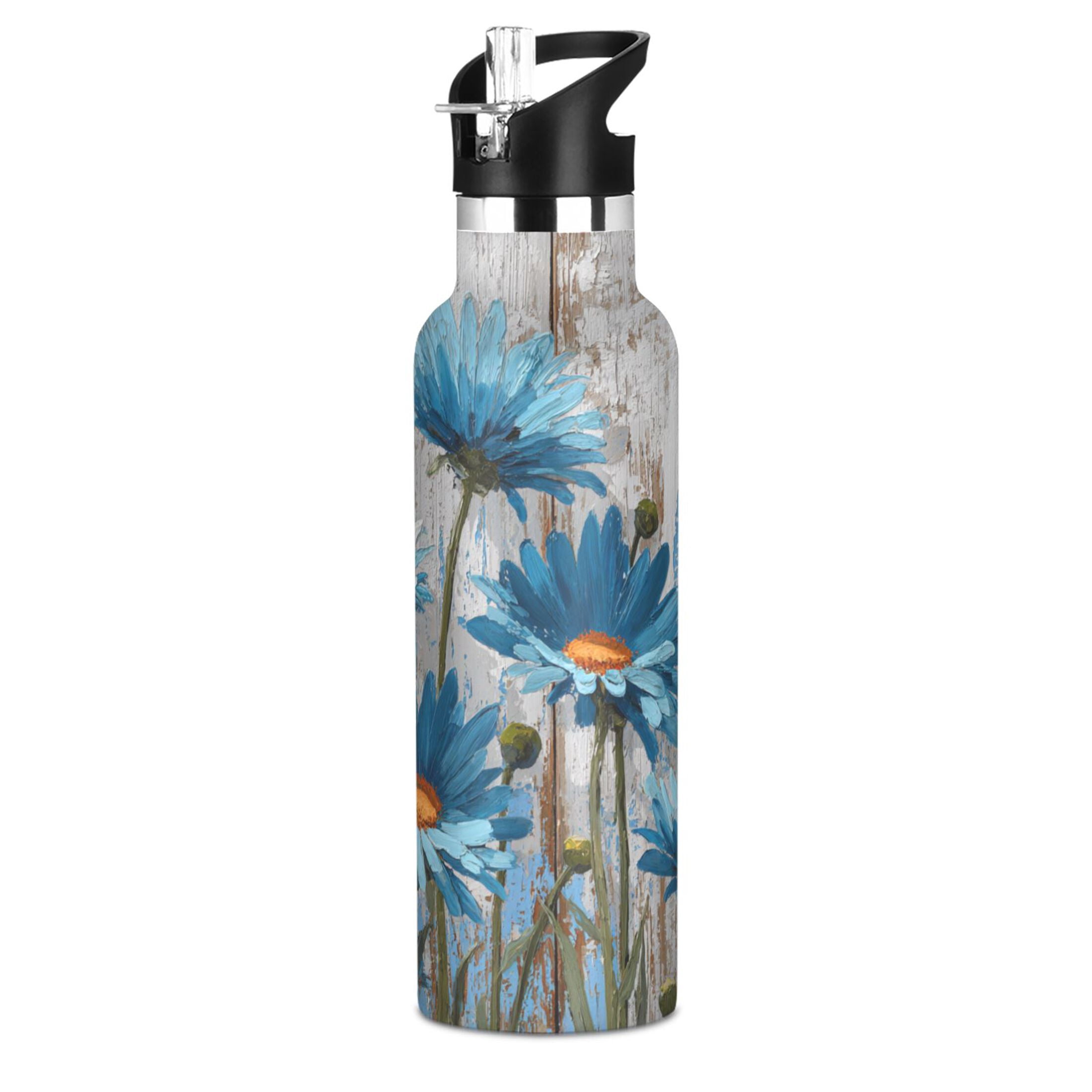 Kids Insulated Stainless Steel Sports Water Bottle 600ml (20oz) Cyan Daisy Flowers