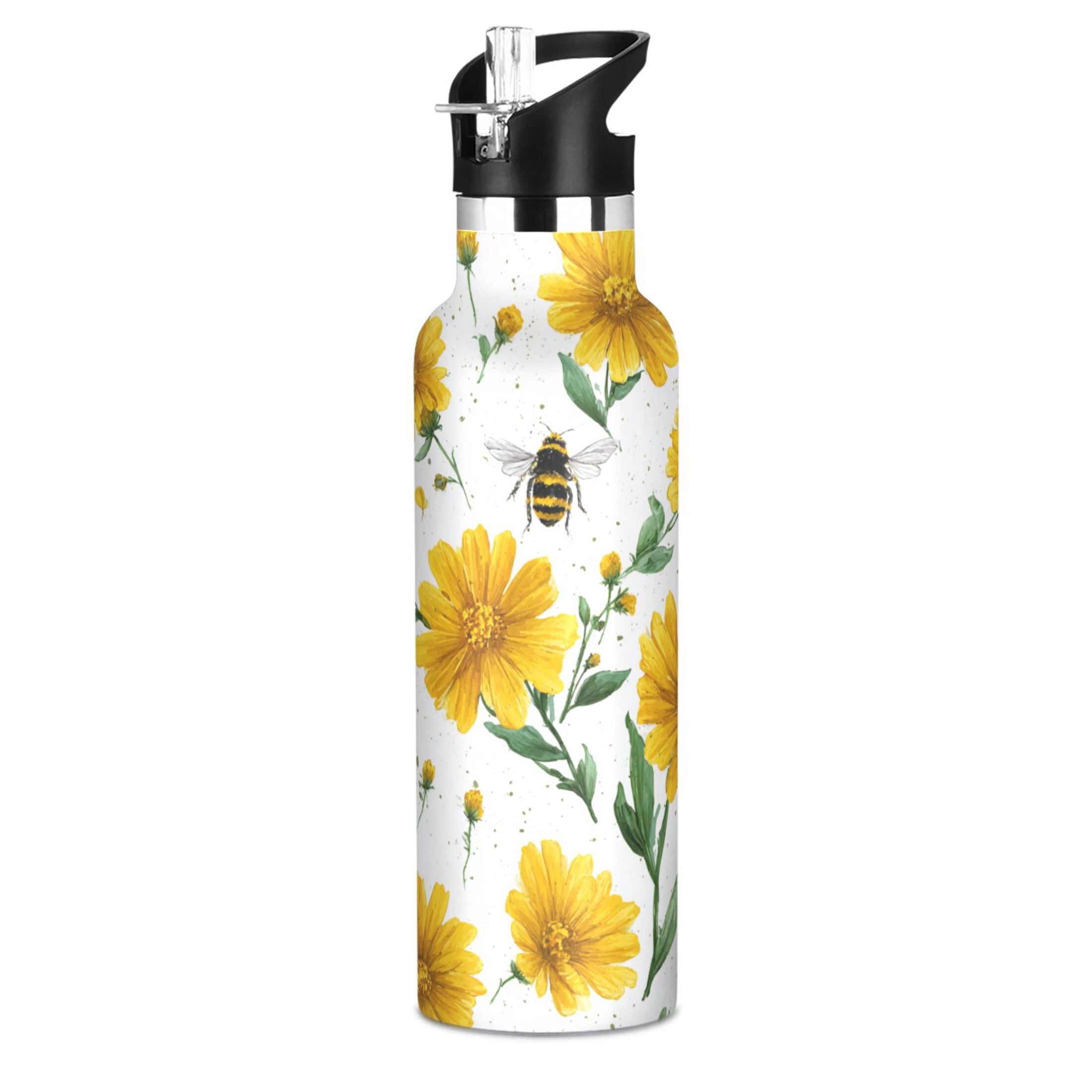 Kids Insulated Stainless Steel Sports Water Bottle 600ml (20oz) Daisies and Bees Pattern