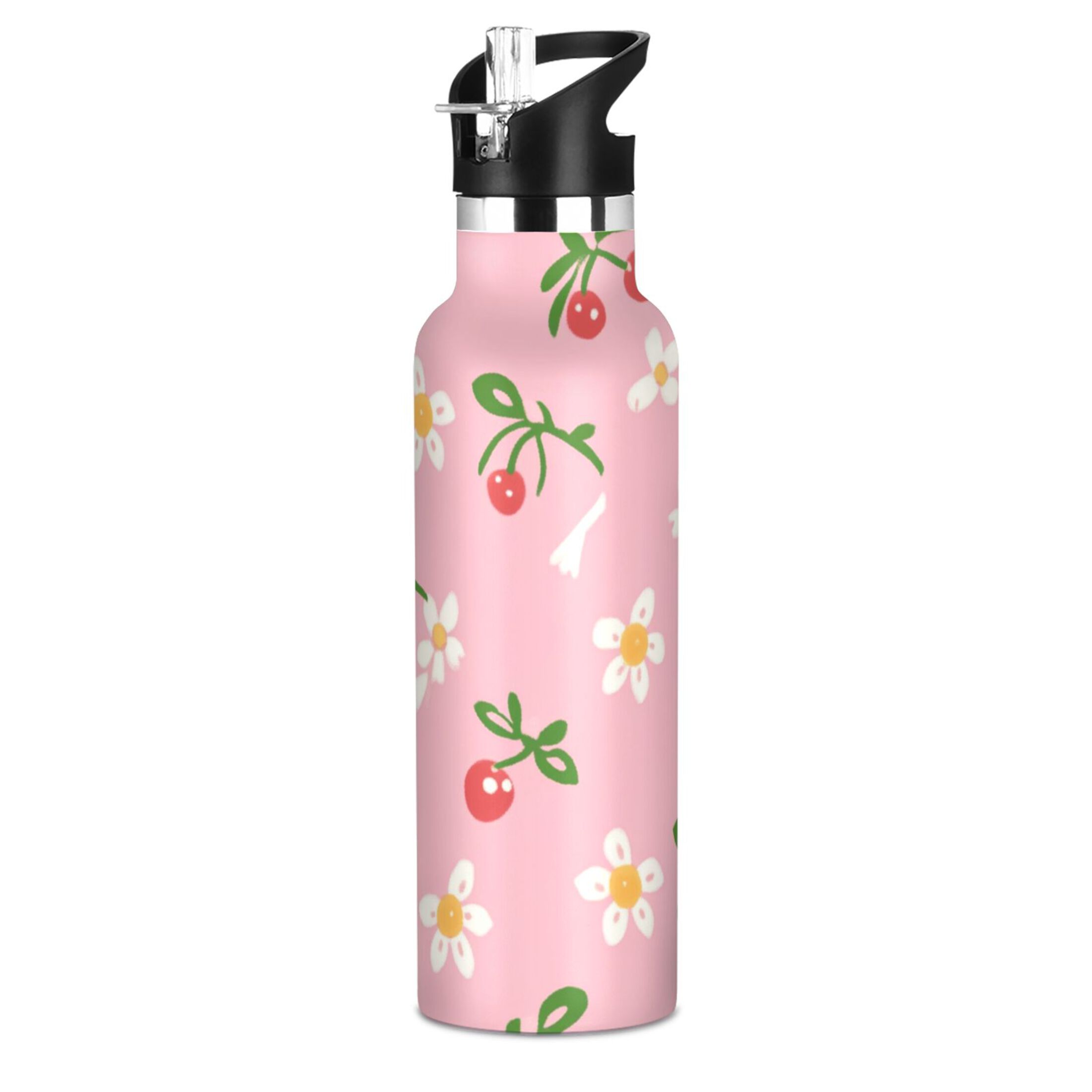 Kids Insulated Stainless Steel Sports Water Bottle 600ml (20oz) Daisies and Bow Pattern