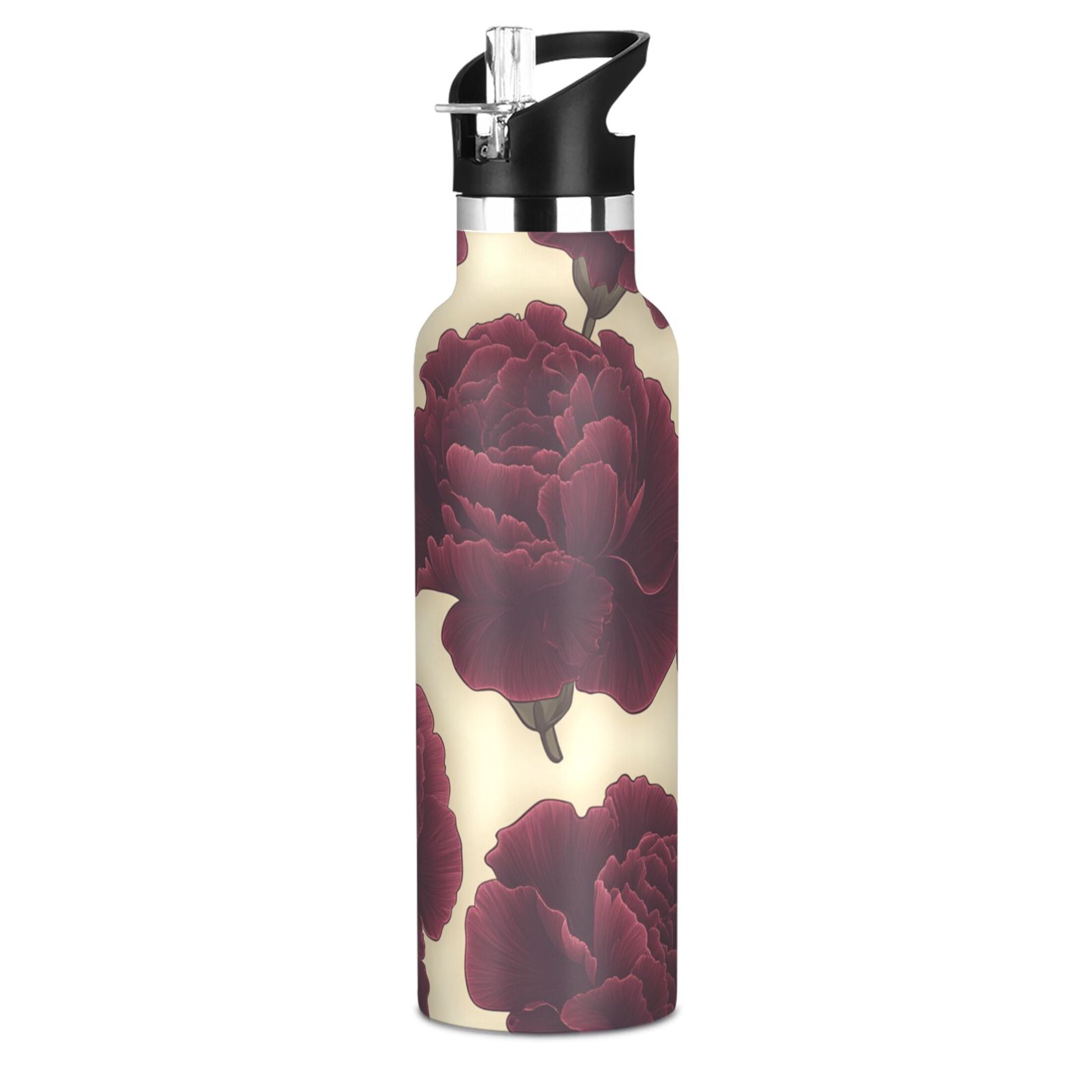 Kids Insulated Stainless Steel Sports Water Bottle 600ml (20oz) Dark Red Carnations