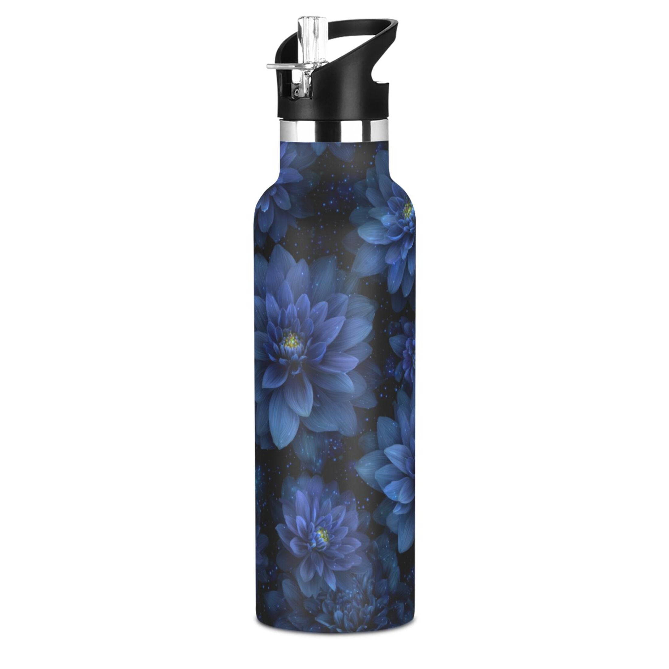 Kids Insulated Stainless Steel Sports Water Bottle 600ml (20oz) Deep Blue Flower
