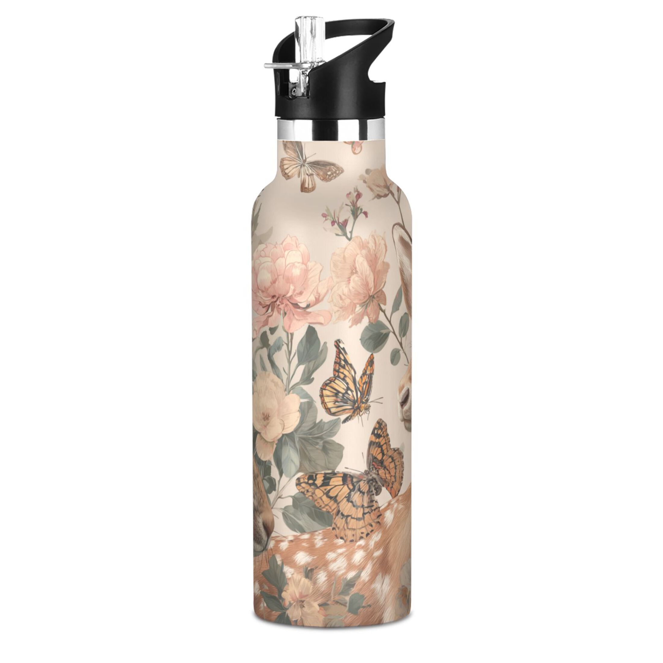 Kids Insulated Stainless Steel Sports Water Bottle 600ml (20oz) Deer and Butterflies Pattern
