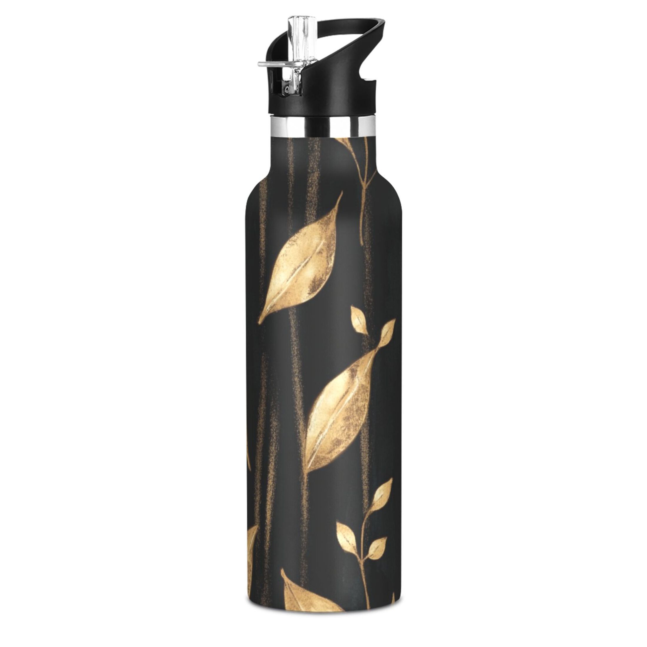 Kids Insulated Stainless Steel Sports Water Bottle 600ml (20oz) Delicate Gold Leaf Pattern