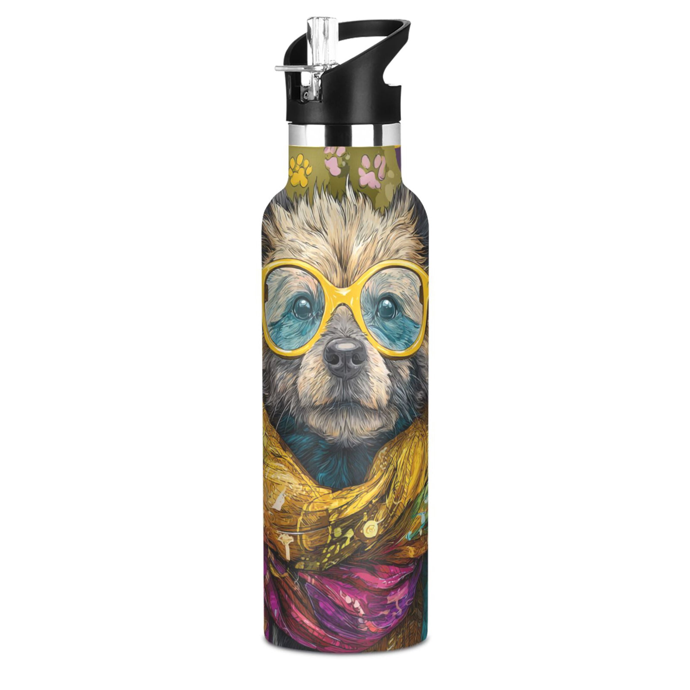 Kids Insulated Stainless Steel Sports Water Bottle 600ml (20oz) Dog Wearing Yellow Glasses