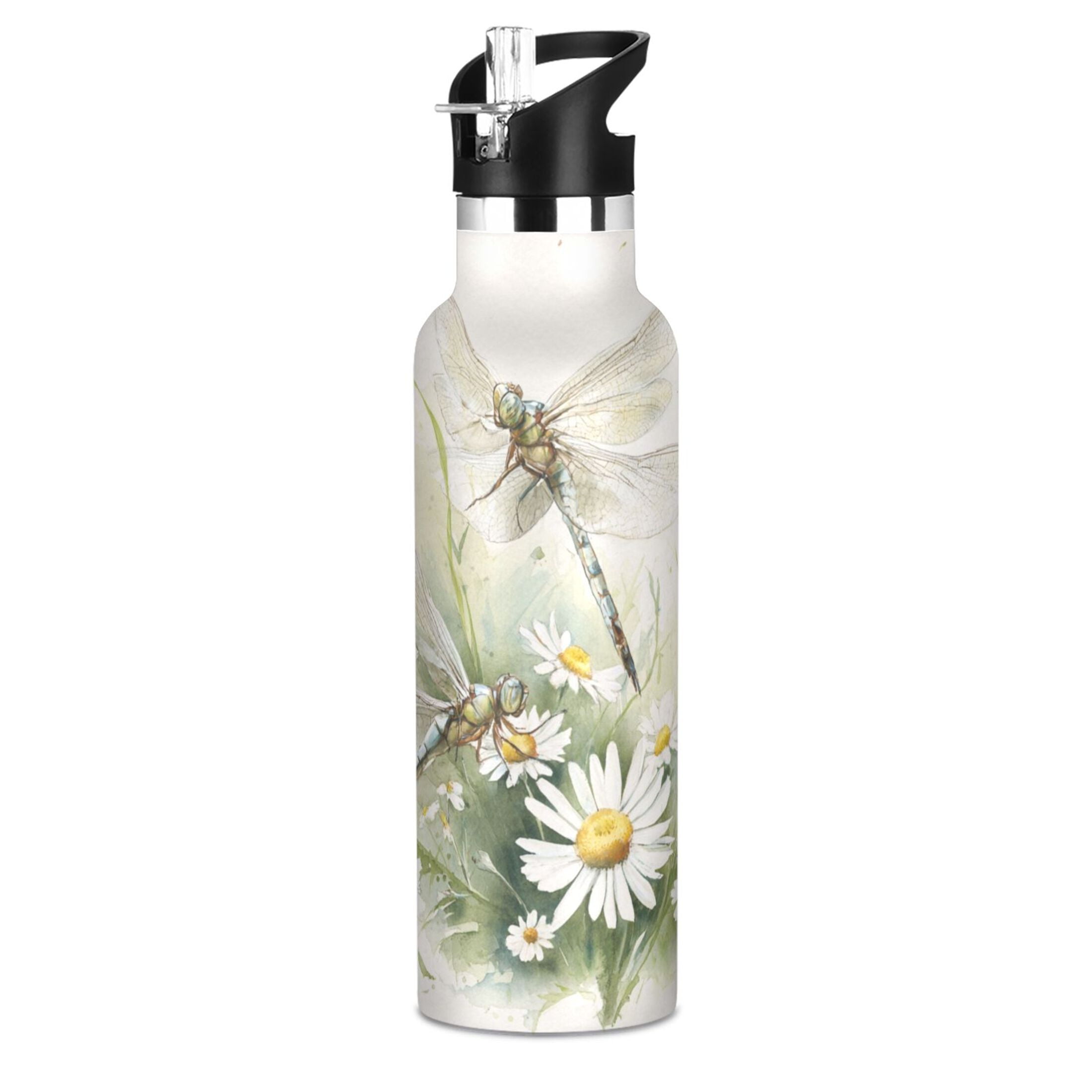 Kids Insulated Stainless Steel Sports Water Bottle 600ml (20oz) Dragonflies with White Daisies