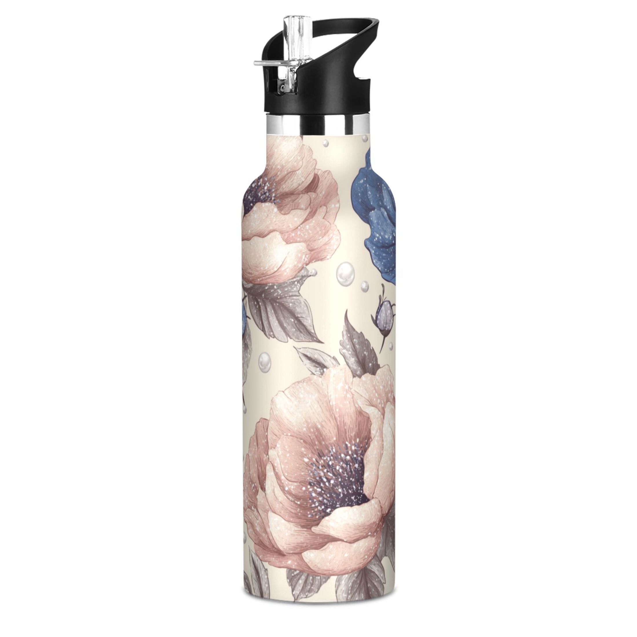 Kids Insulated Stainless Steel Sports Water Bottle 600ml (20oz) Dusty Pink Peonies