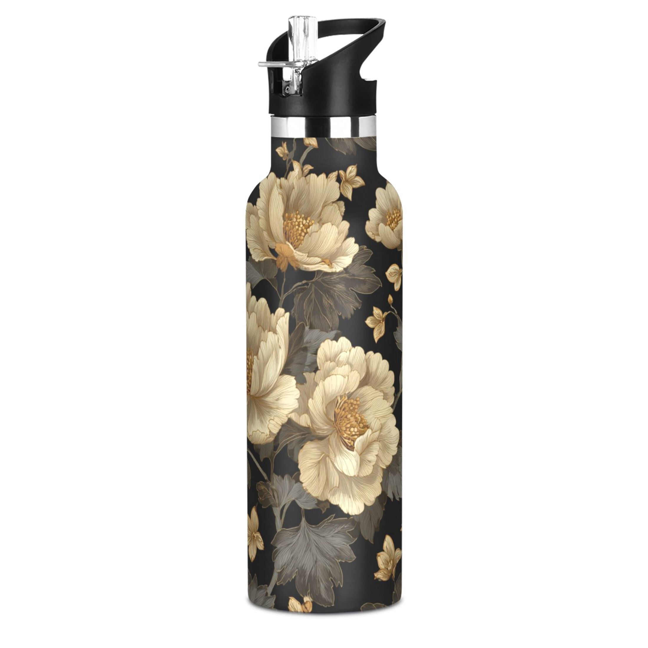 Kids Insulated Stainless Steel Sports Water Bottle 600ml (20oz) Elegant Beige Floral