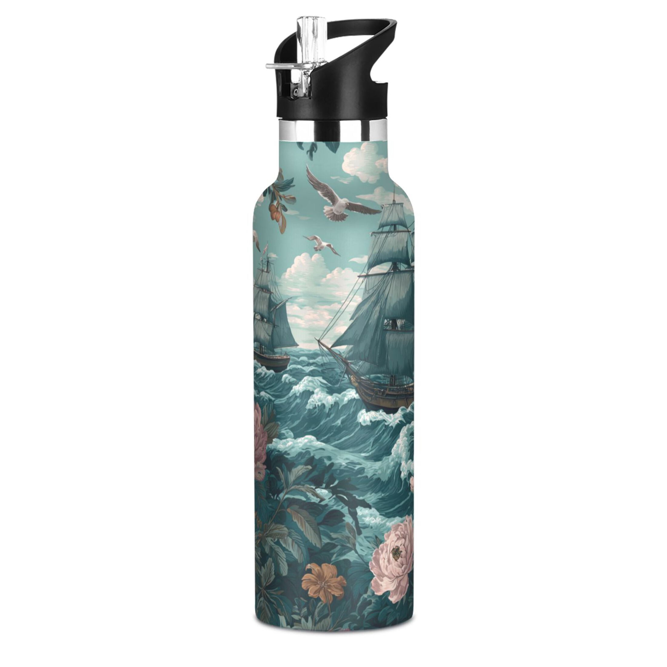 Kids Insulated Stainless Steel Sports Water Bottle 600ml (20oz) Elegant Nautical Scene
