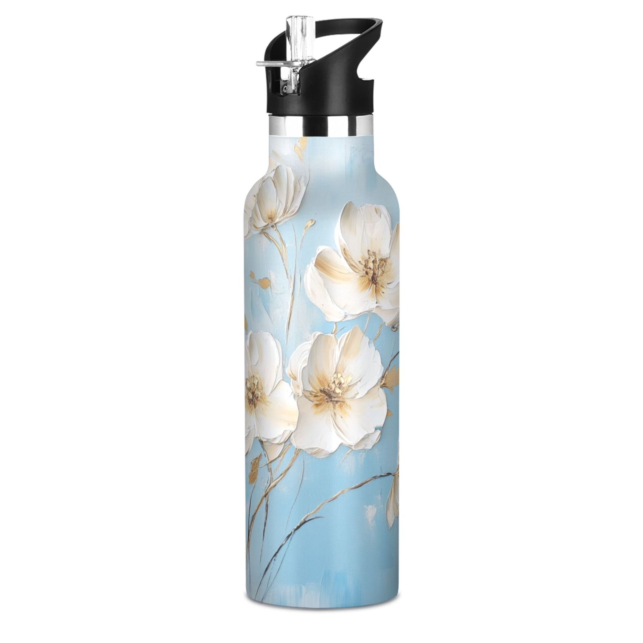 Kids Insulated Stainless Steel Sports Water Bottle 600ml (20oz) Elegant White Flowers
