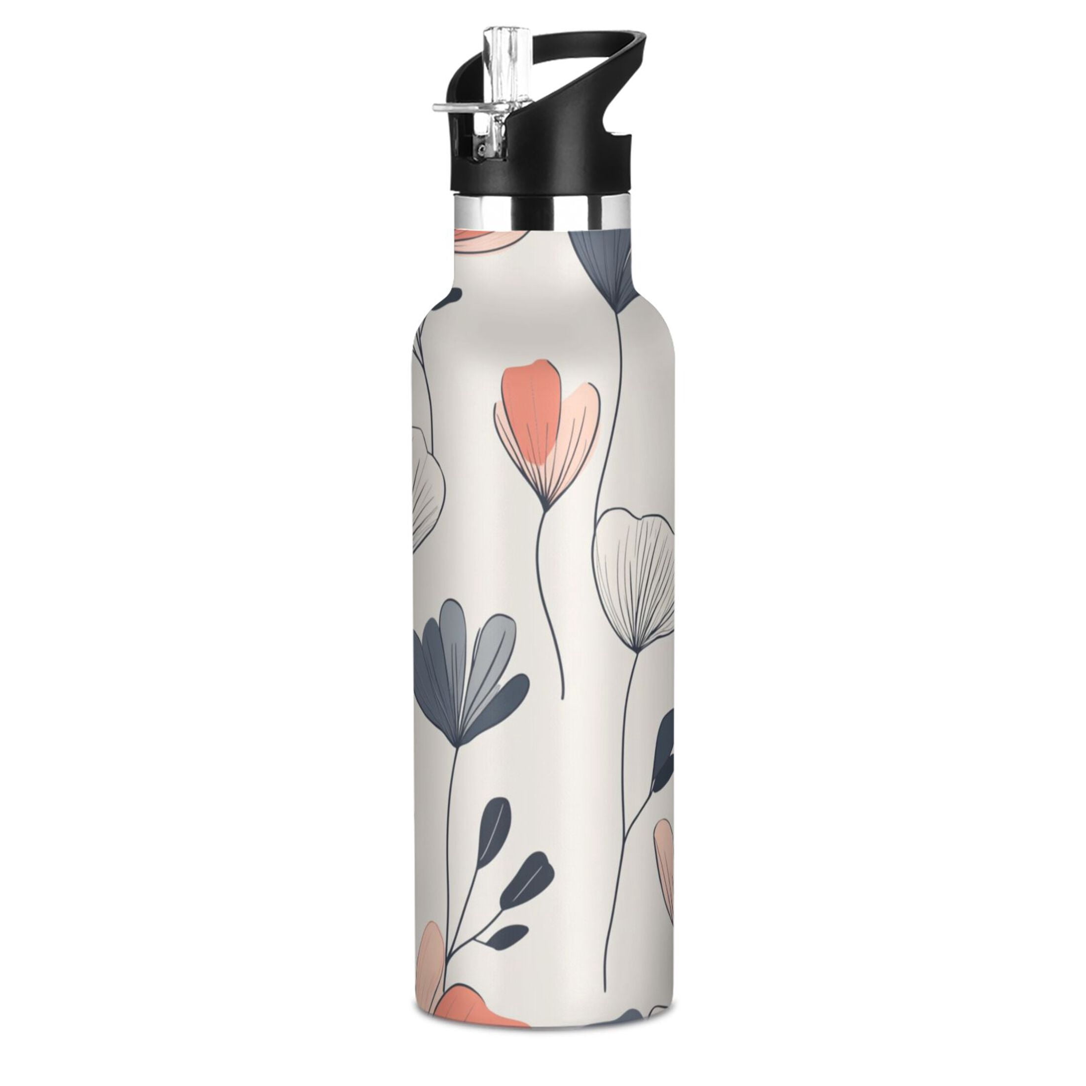 Kids Insulated Stainless Steel Sports Water Bottle 600ml (20oz) Elegant and Simple Flowers