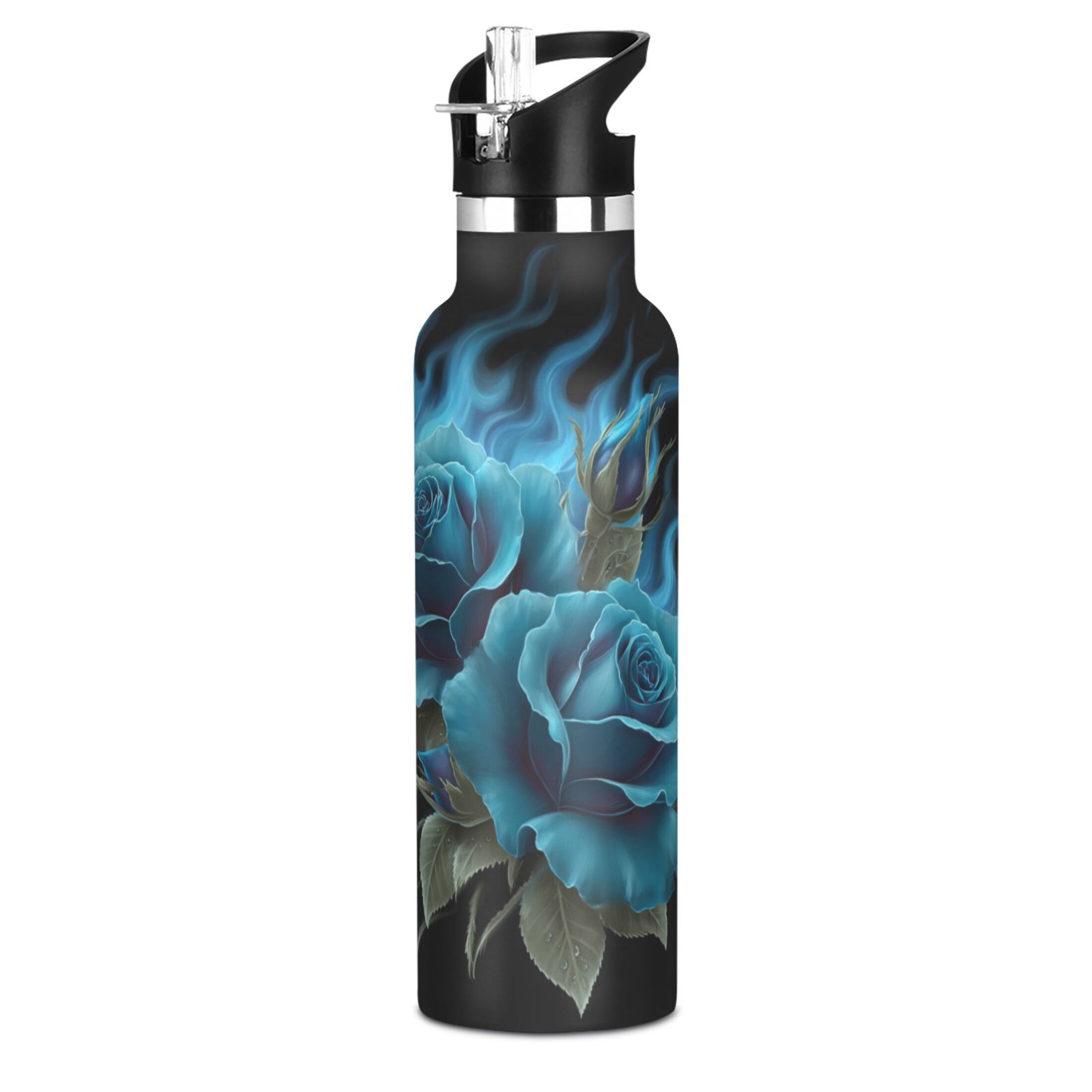 Kids Insulated Stainless Steel Sports Water Bottle 600ml (20oz) Eternal Blue Rose and Flame