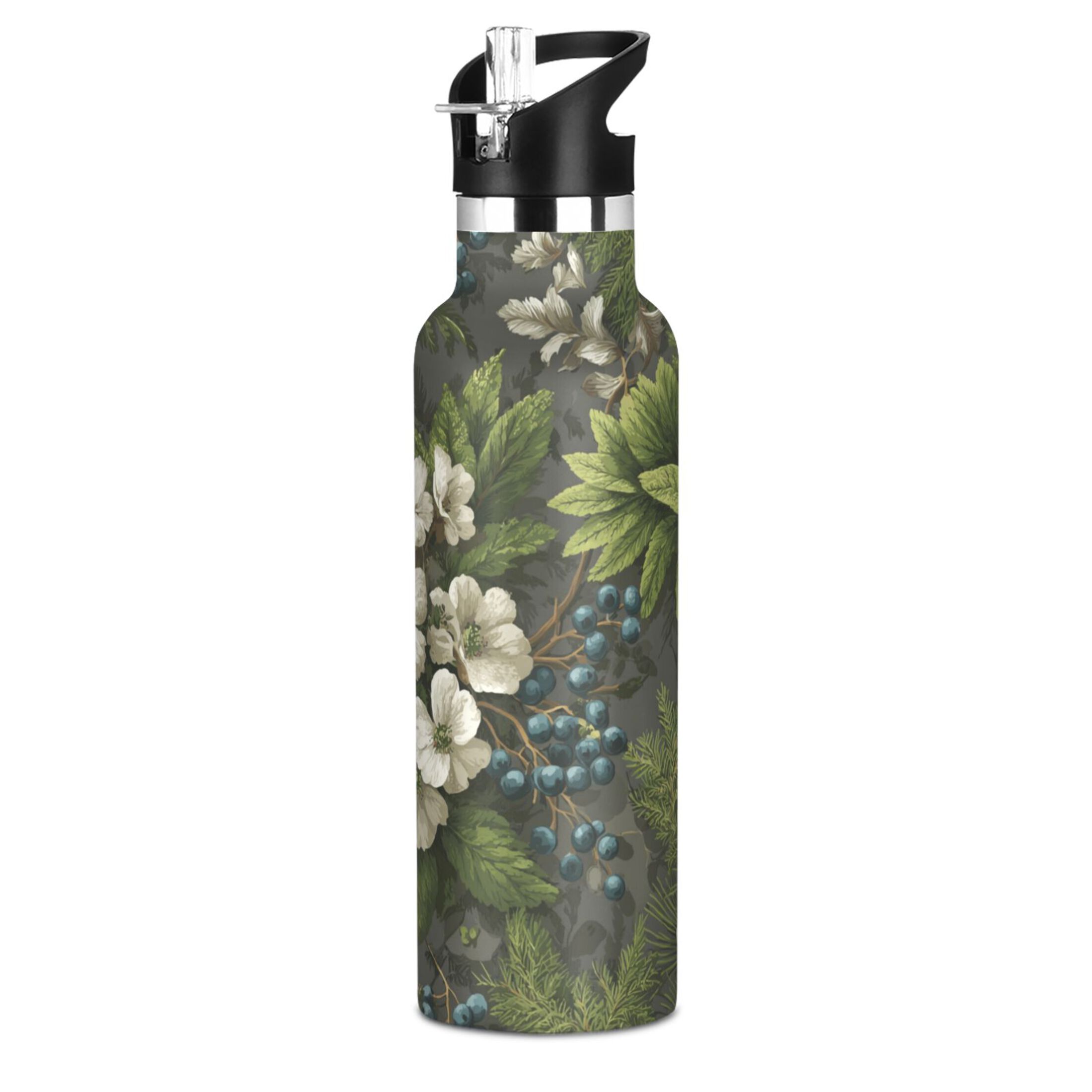 Kids Insulated Stainless Steel Sports Water Bottle 600ml (20oz) Ferns and Flowers