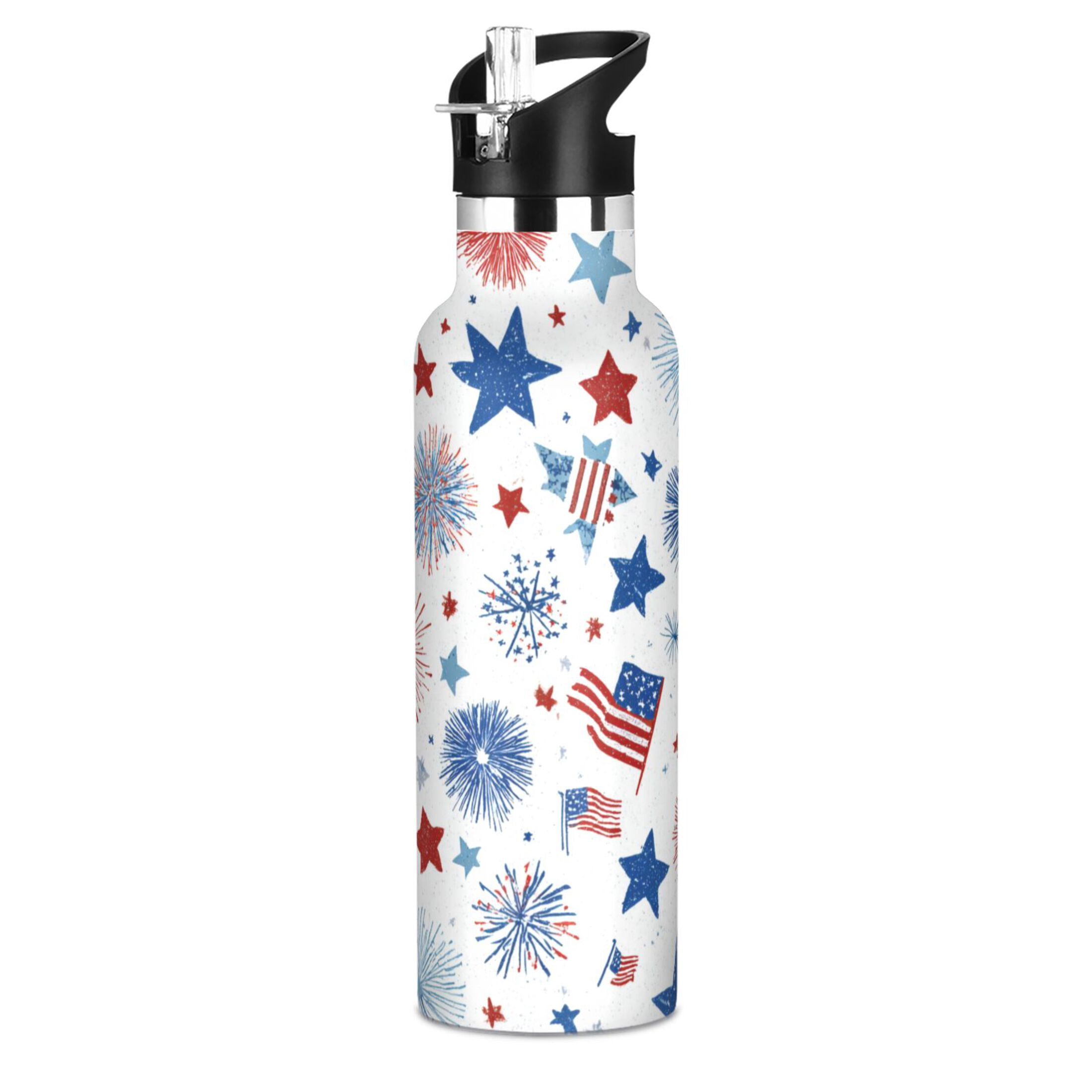 Kids Insulated Stainless Steel Sports Water Bottle 600ml (20oz) Fireworks and Flag